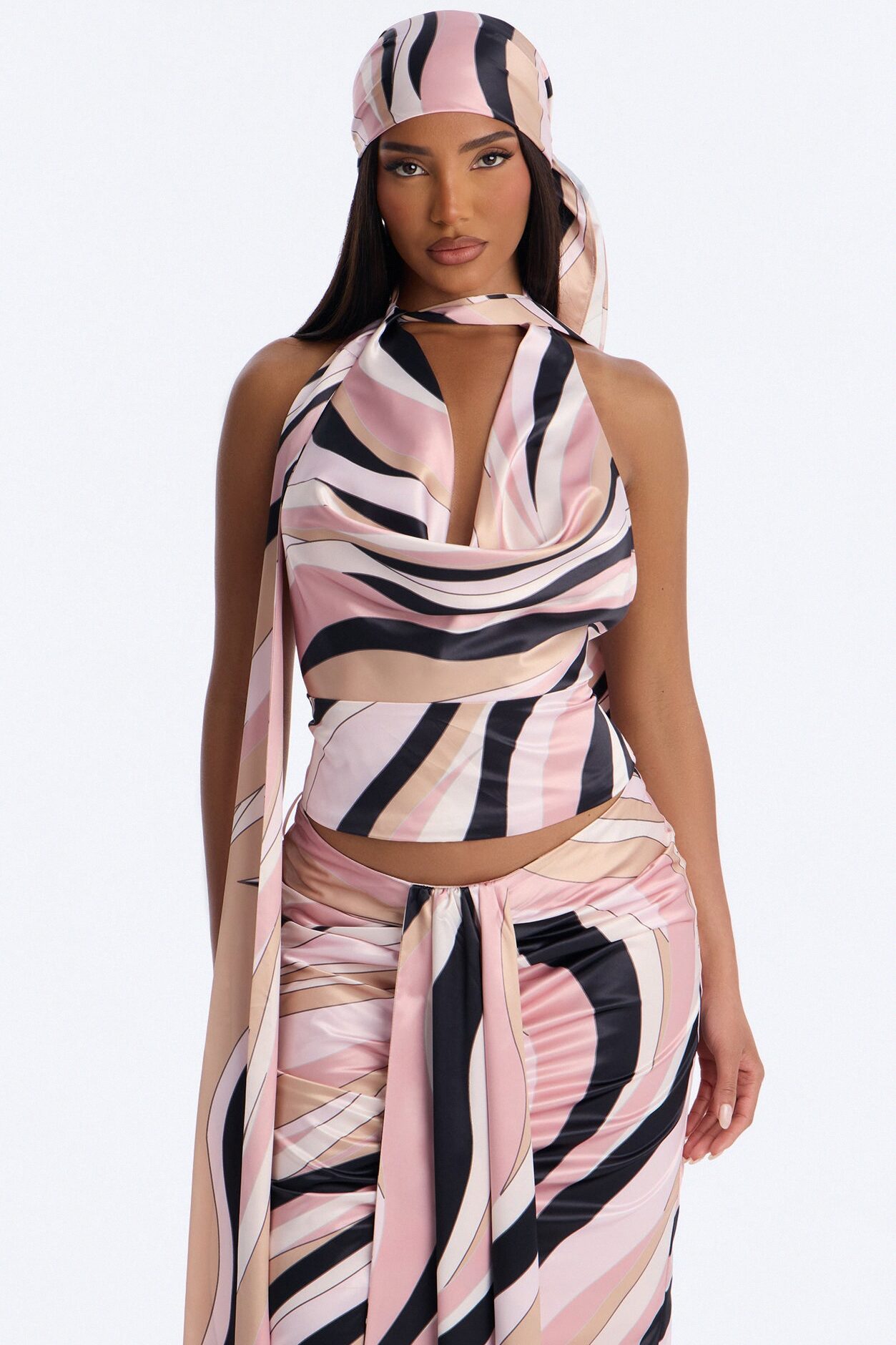 Untamed Abstract Satin Cowl Top And Head Scarf - Pink/combo