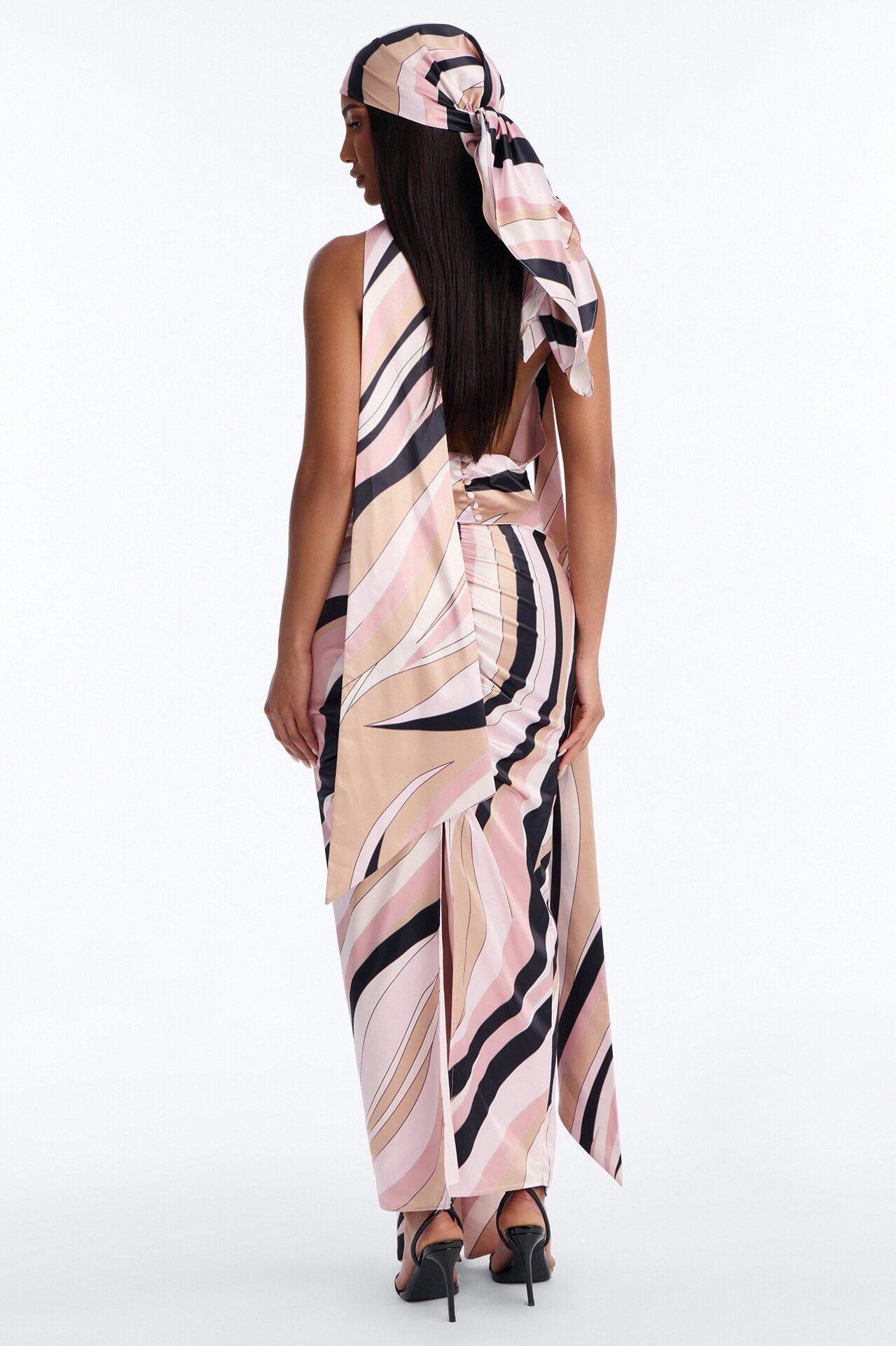 Untamed Abstract Satin Cowl Top And Head Scarf - Pink/combo