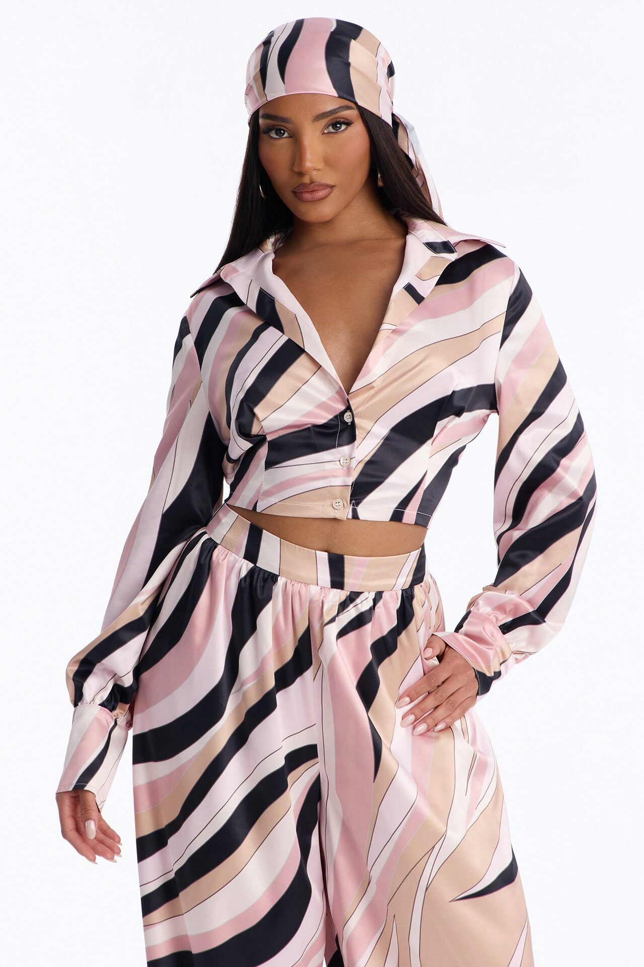 Untamed Abstract Satin Pant Set And Head Scarf - Pink/combo