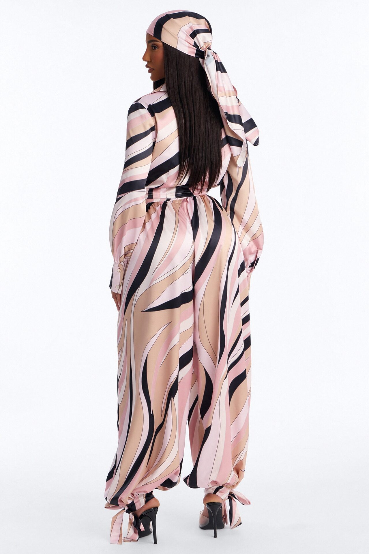 Untamed Abstract Satin Pant Set And Head Scarf - Pink/combo