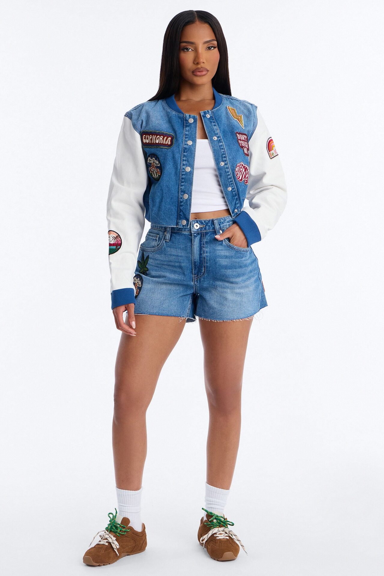 Golden State Cutie Patch Cut Off Denim Shorts - Medium Wash
