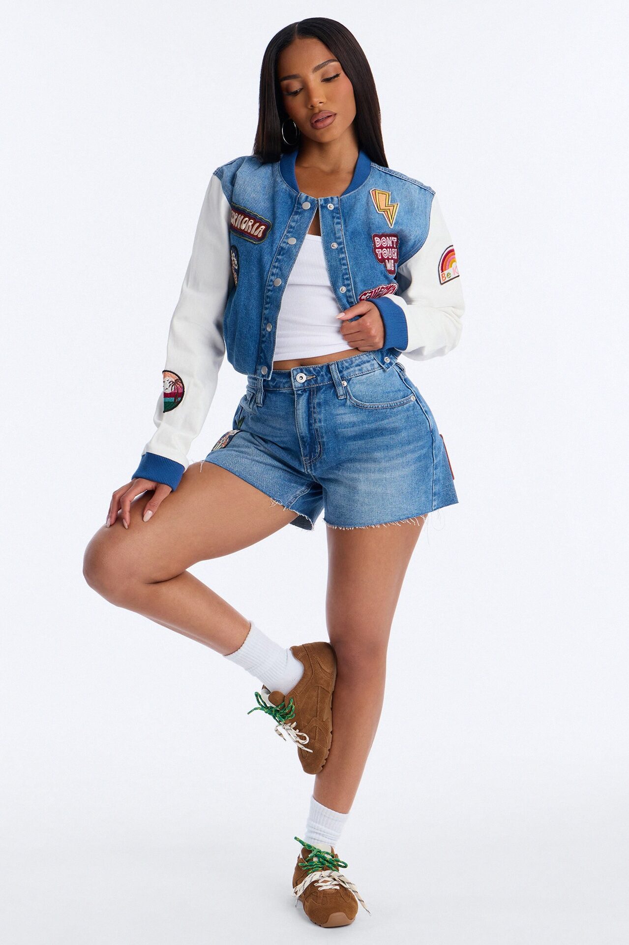 Golden State Cutie Patch Cut Off Denim Shorts - Medium Wash