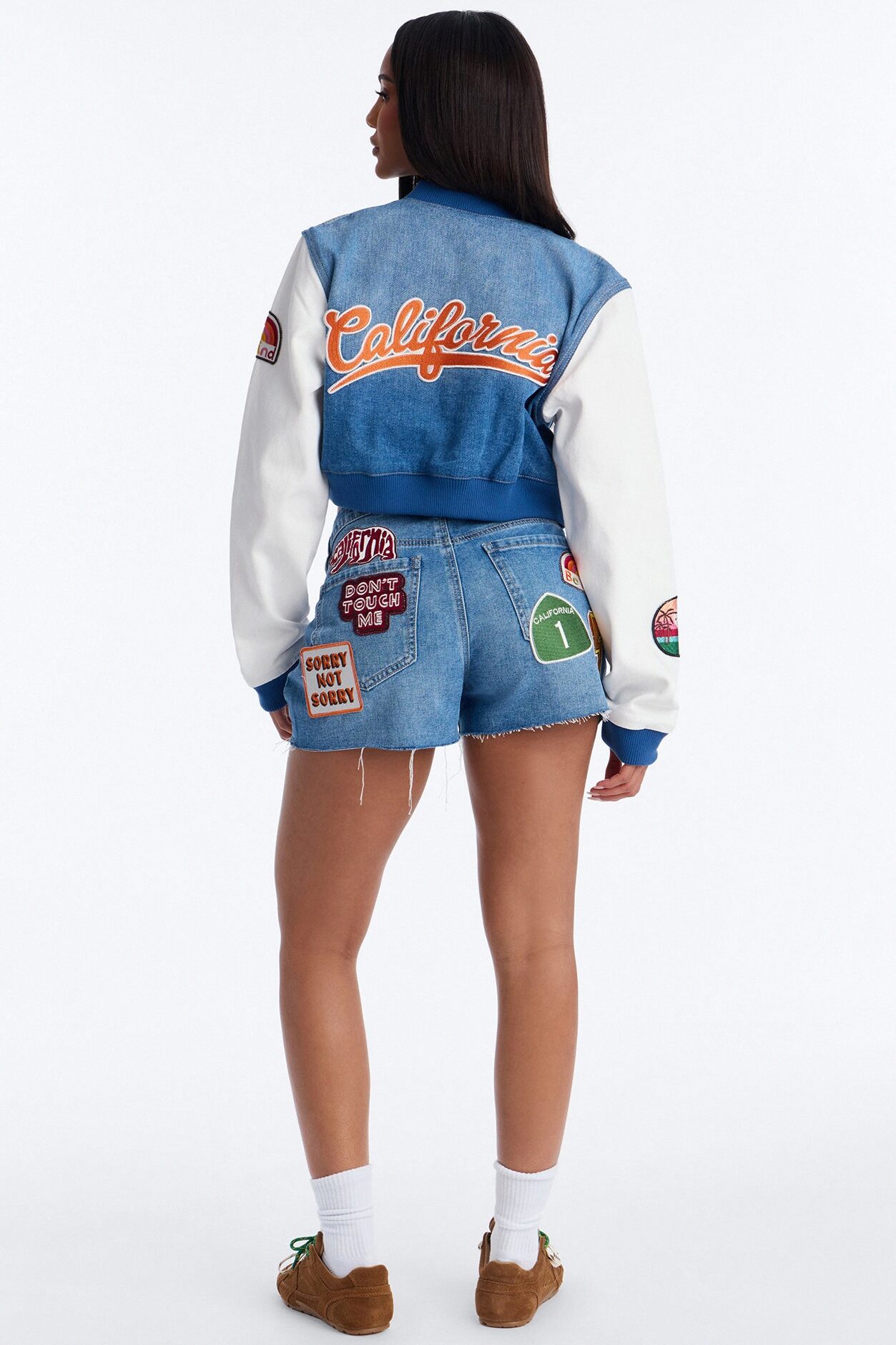 Golden State Cutie Patch Cut Off Denim Shorts - Medium Wash