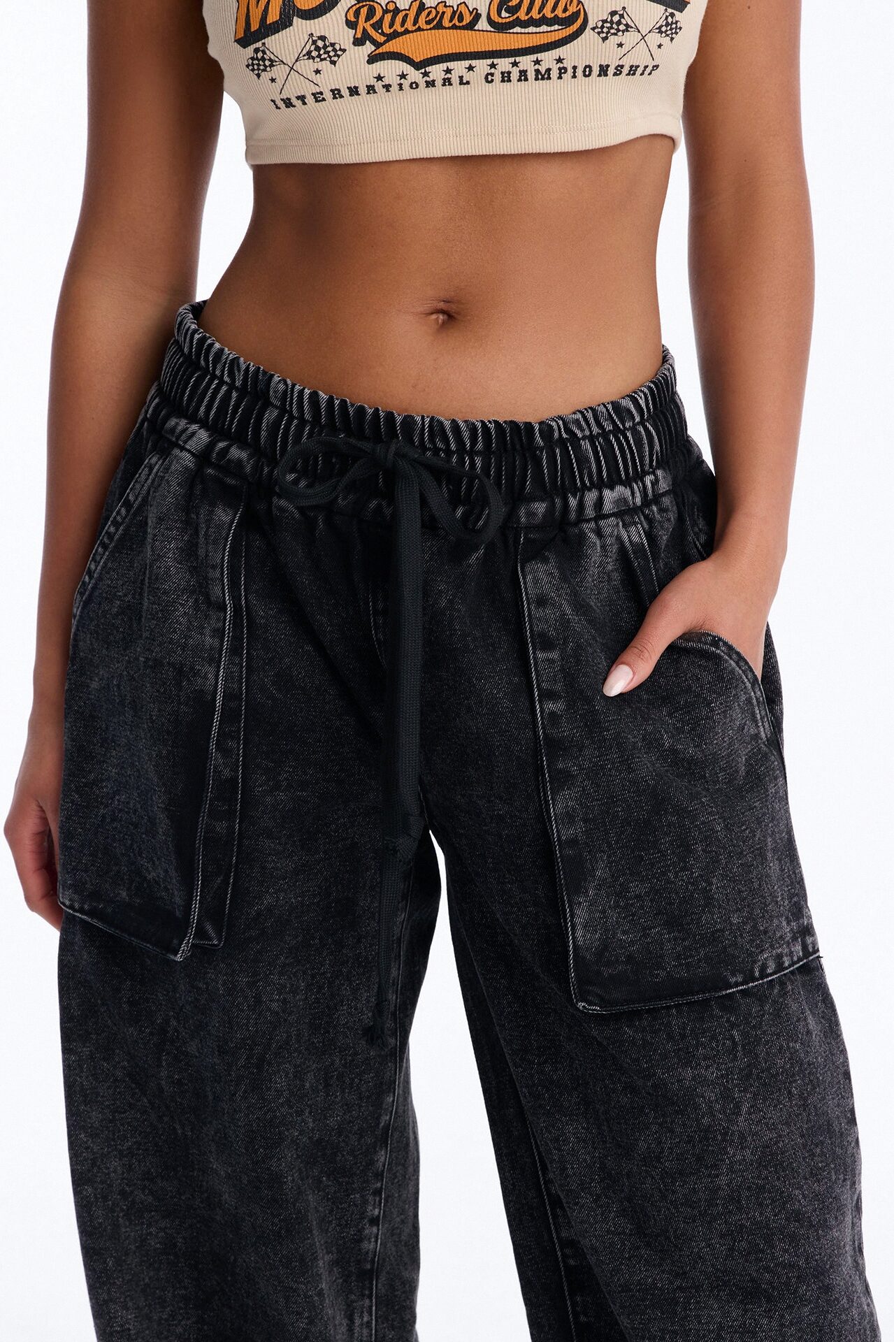 Do Not Disturb Pull On Wide Leg Jeans - Black Wash