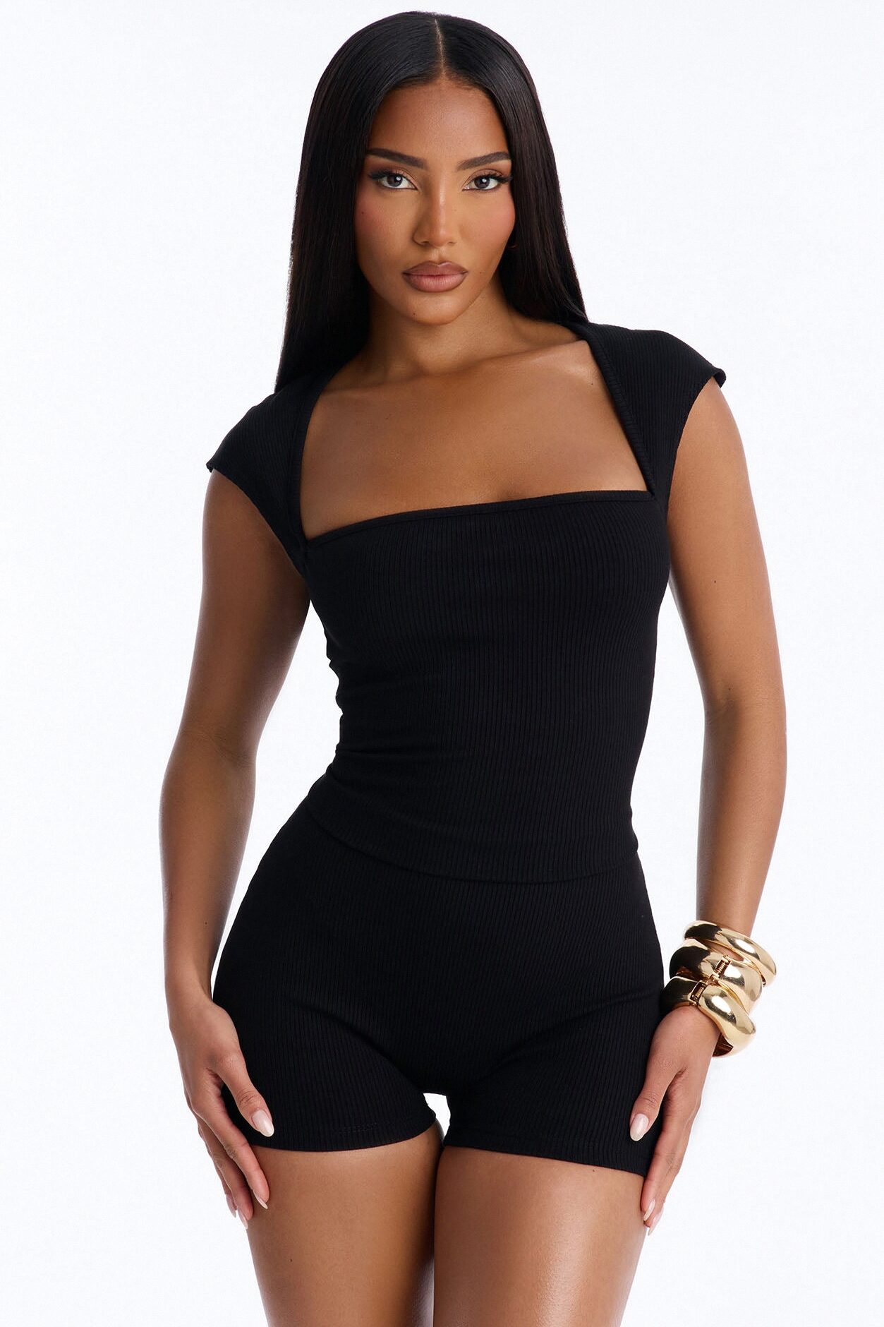 Mari Square Neck Snatched Micro Romper - Black