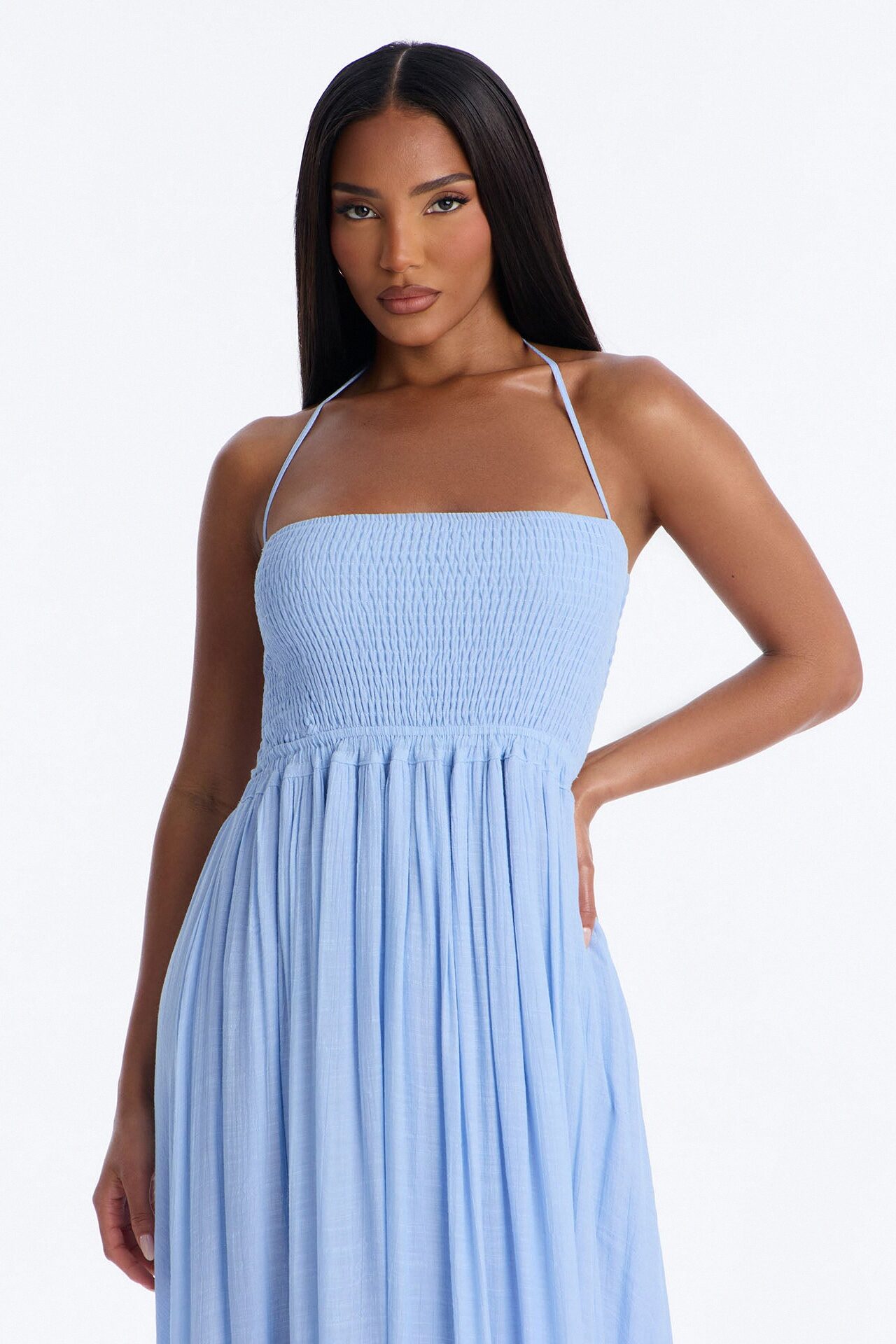 Eden Smocked Linen Maxi Dress - Light Blue