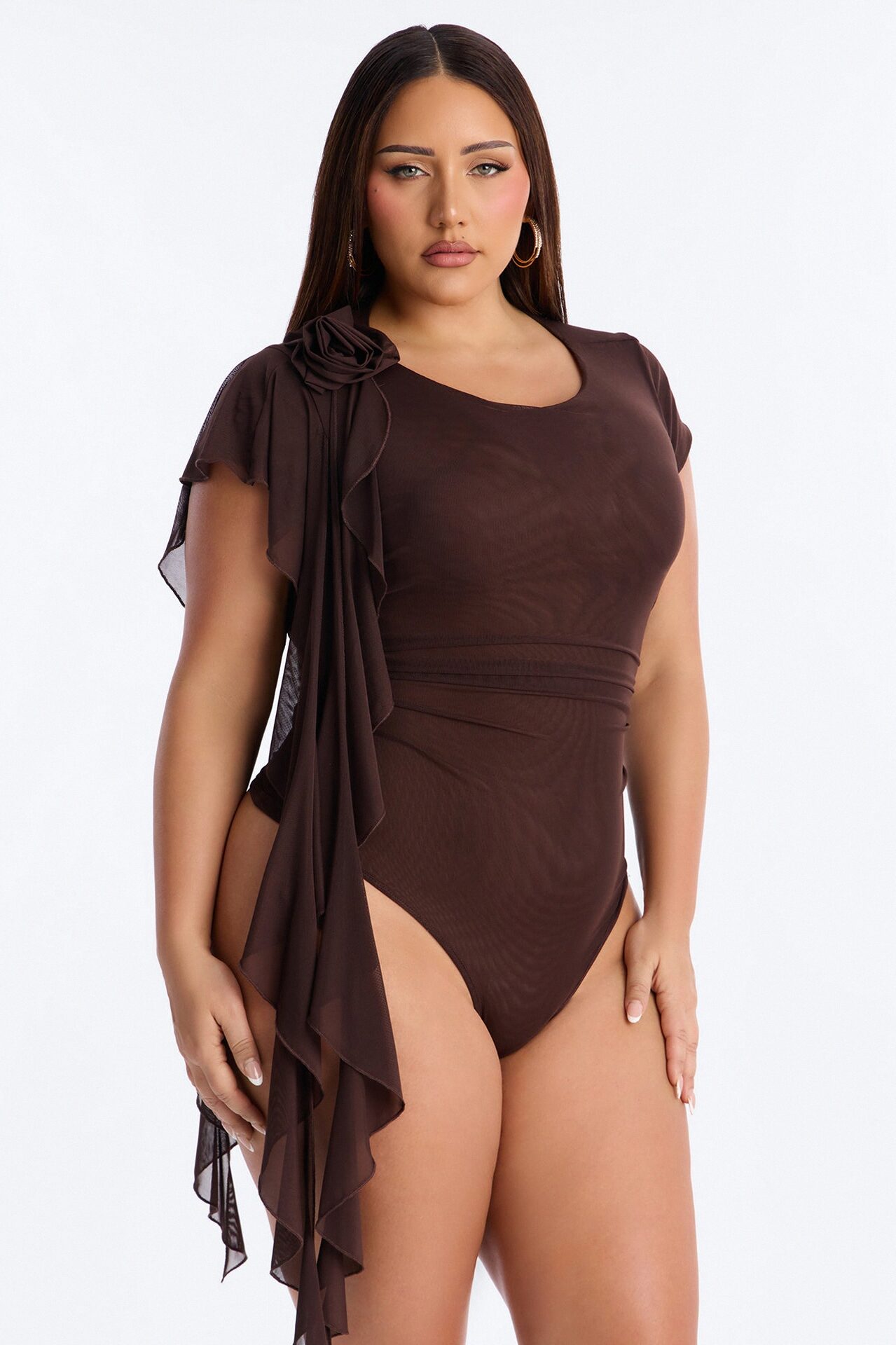 Haley Ruffle Mesh Cap Sleeve Bodysuit - Chocolate