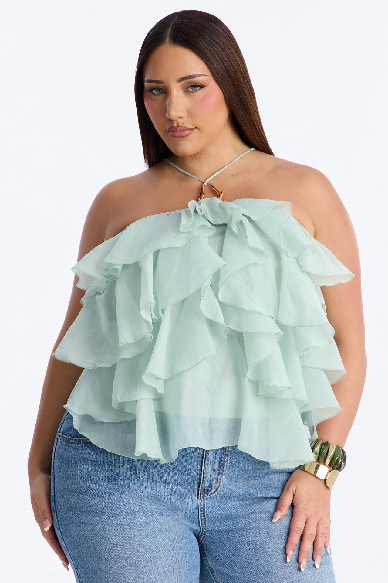 Ruffle Cutie Hardware Organza Halter Top - Sage