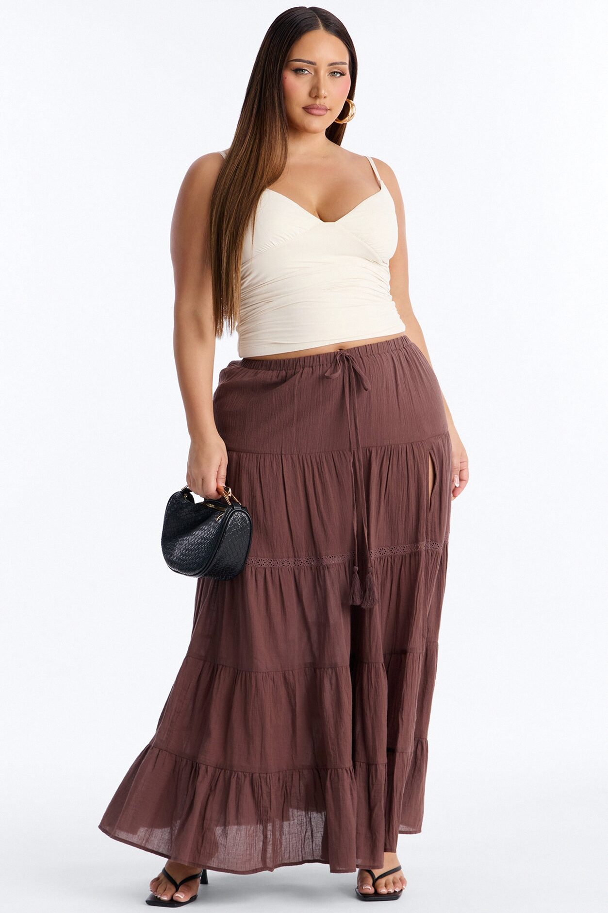 Bohemian High Slit Tiered Gauze Maxi Skirt - Brown