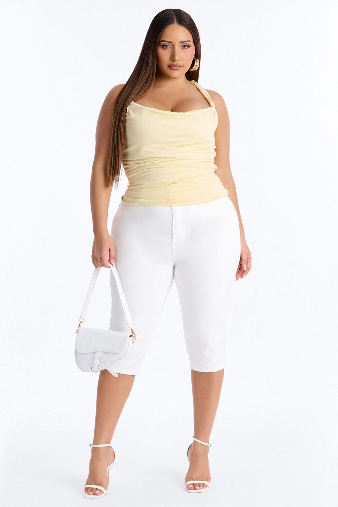 Pretty Persuasion Knot Cowl Neck Ruched Top - Butter Yellow