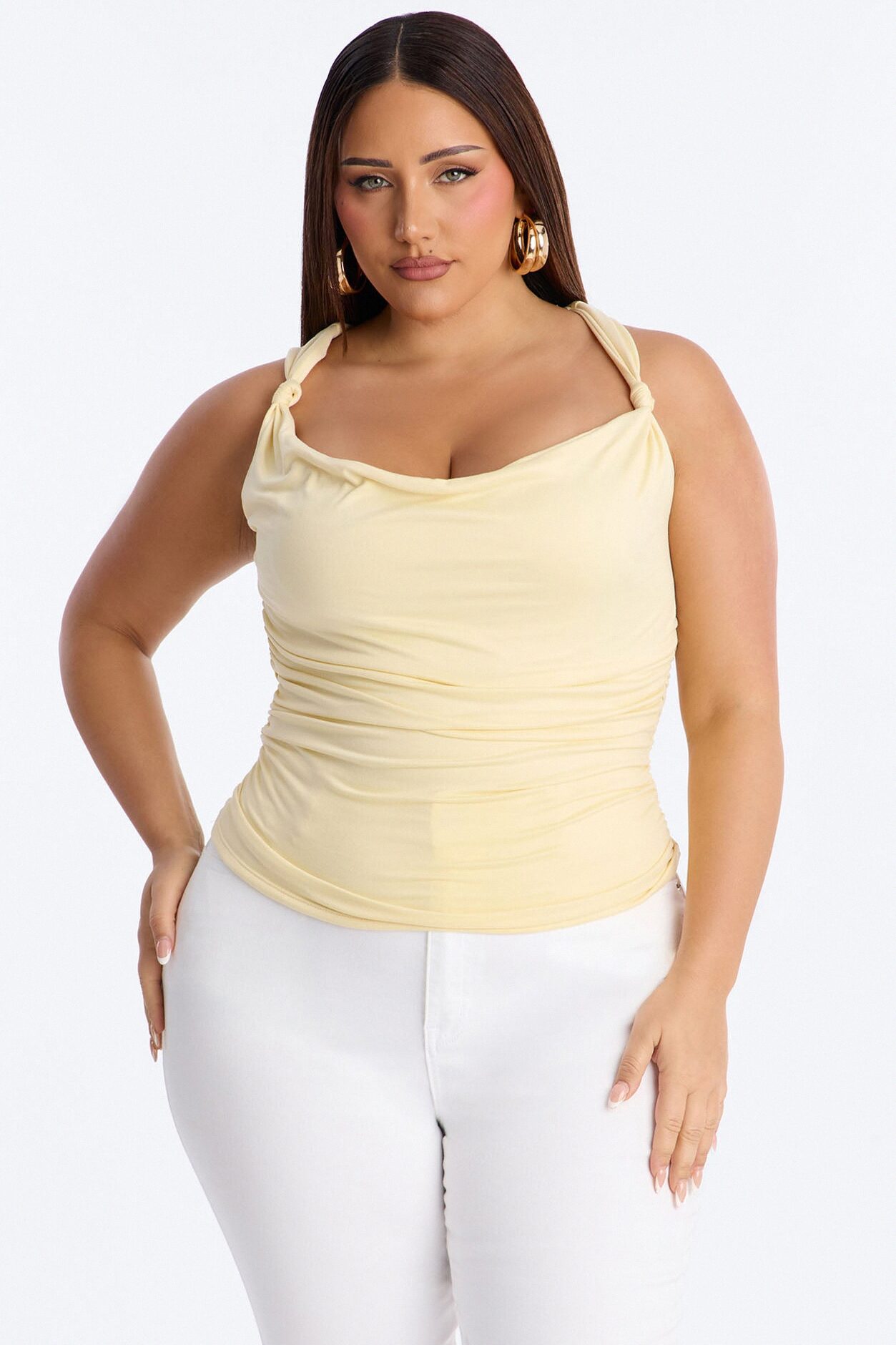 Pretty Persuasion Knot Cowl Neck Ruched Top - Butter Yellow