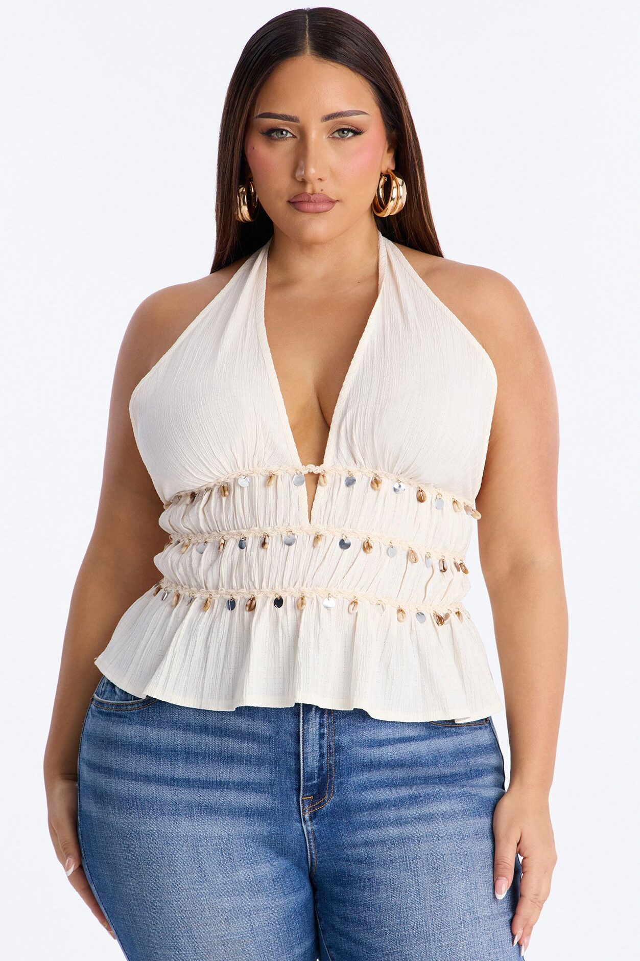 Living The Dream Shell Sequin Ruffle Halter Top - Cream