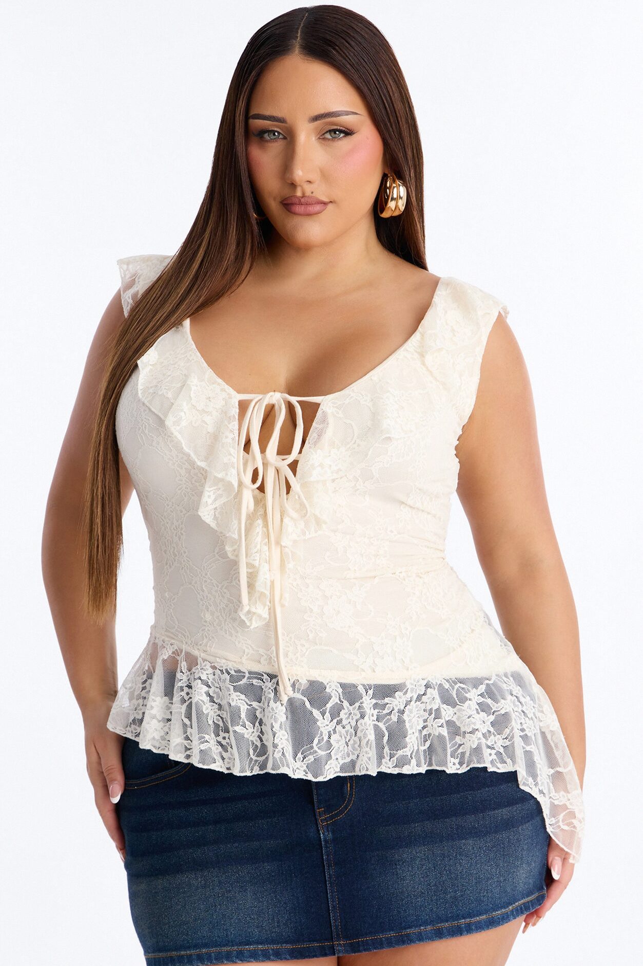 Elina Asymmetrical Ruffle Lace Sleeveless Top - Cream