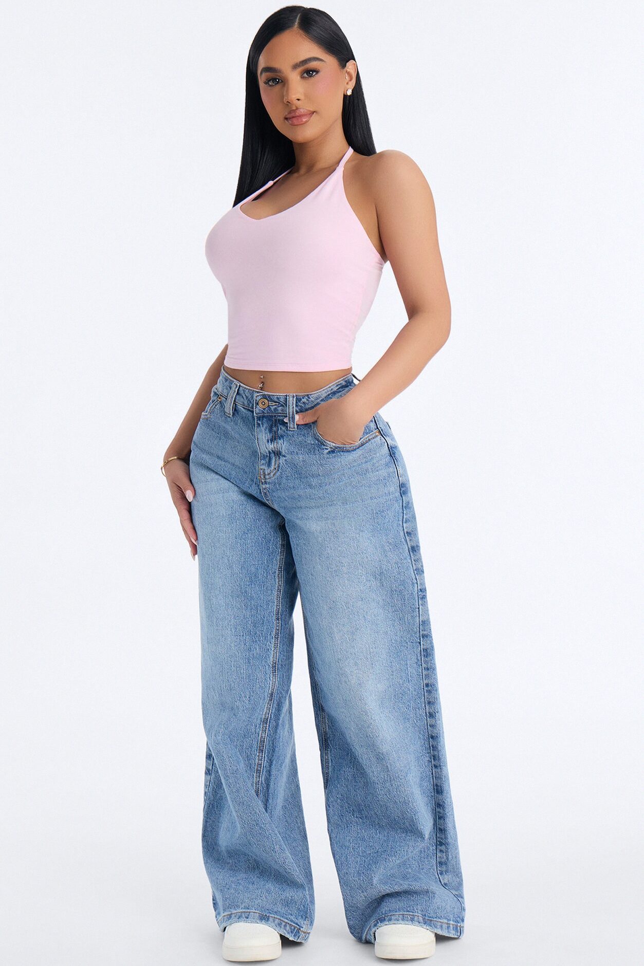 Elise Basic V Neck Halter Top - Light Pink