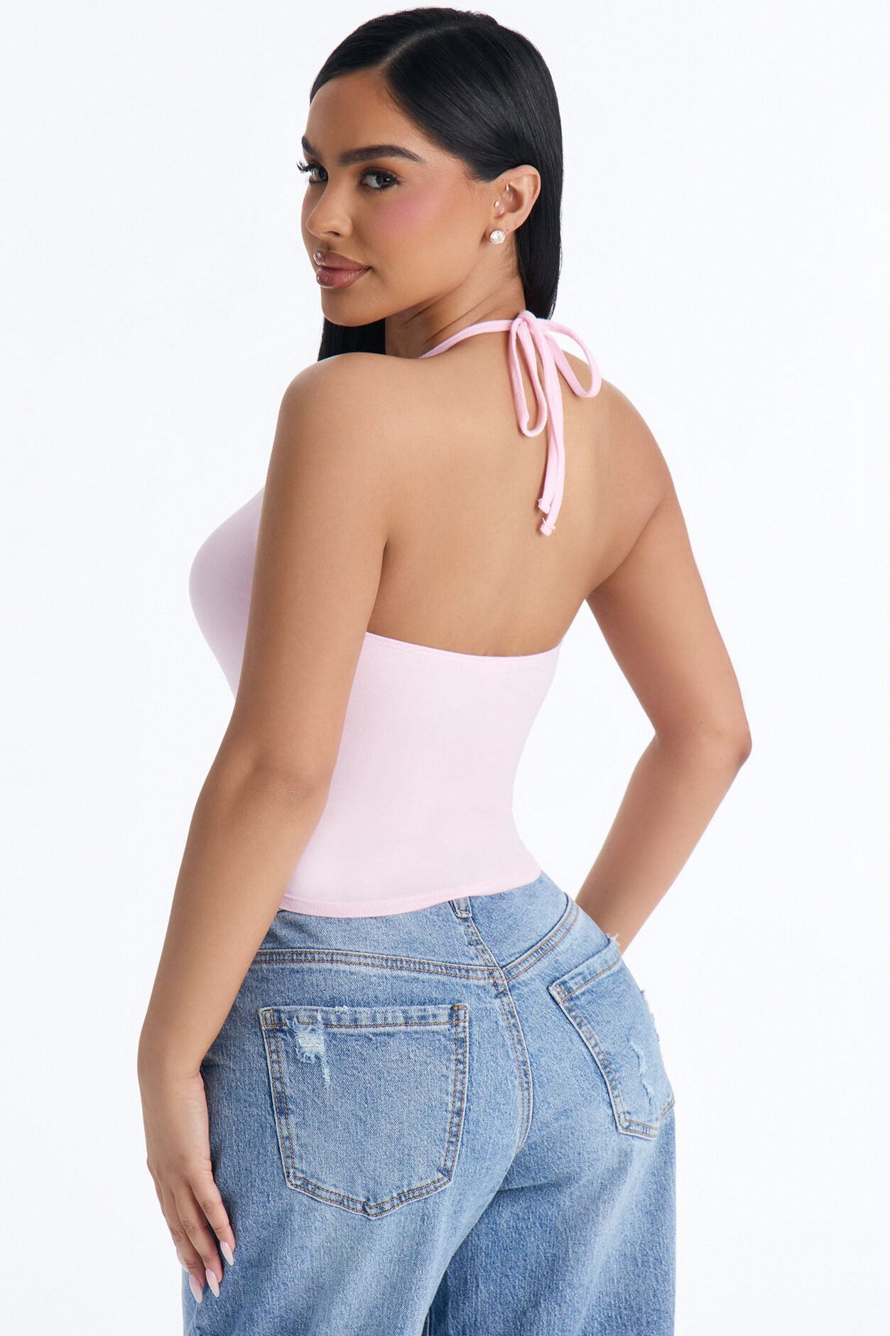 Elise Basic V Neck Halter Top - Light Pink