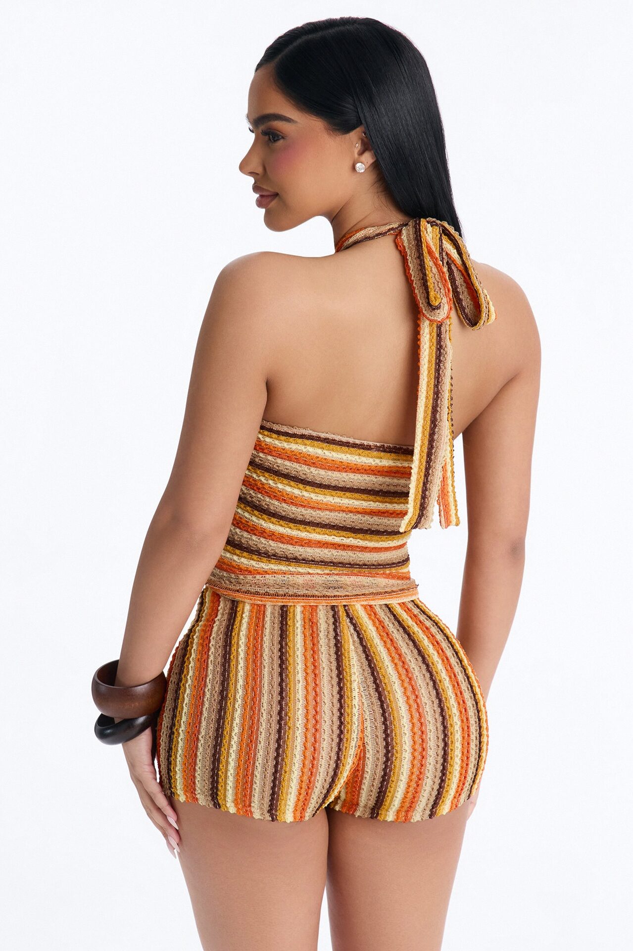 Sienna Striped Cut Out Crochet Halter Top - Orange