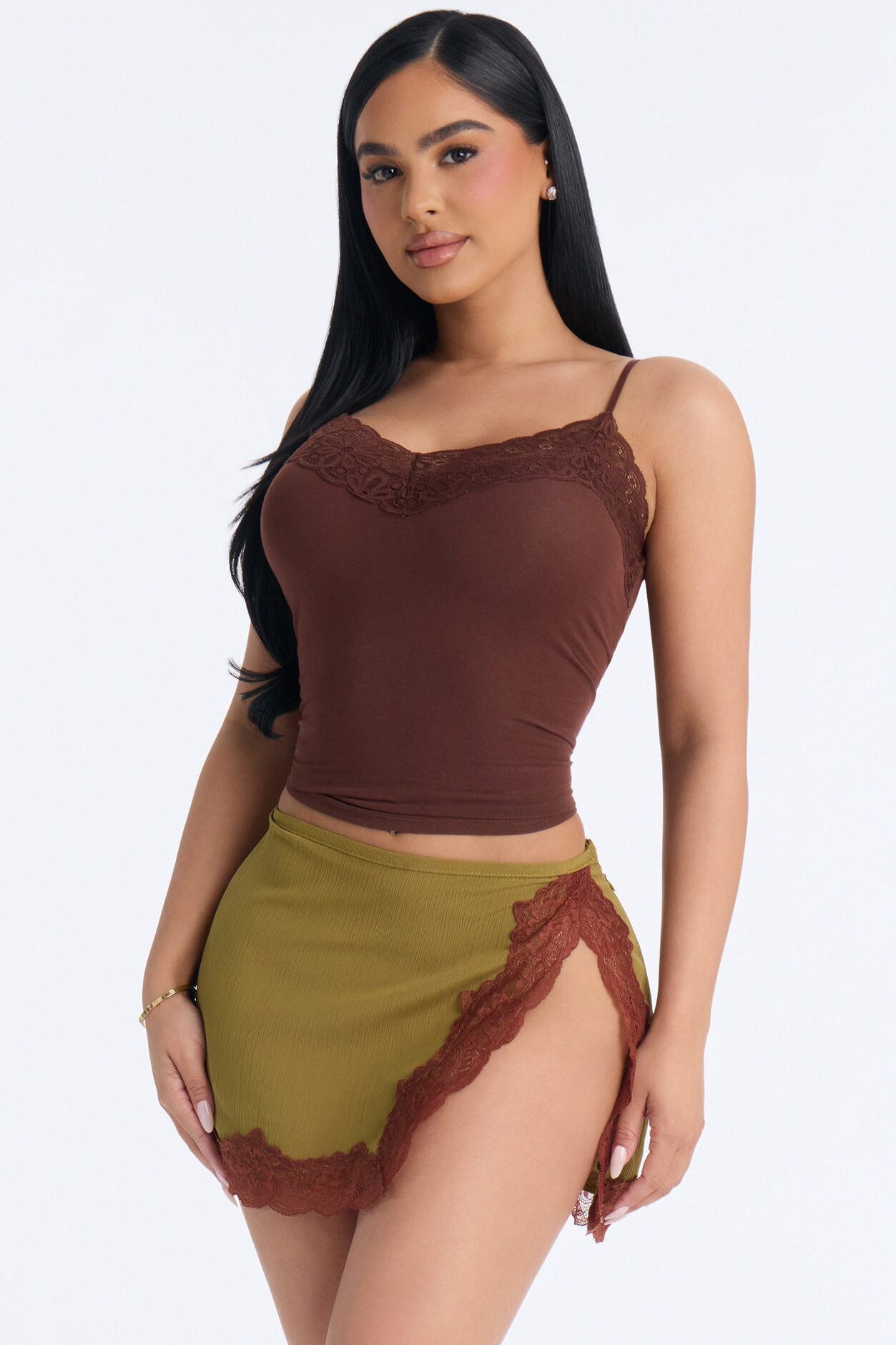 Ayla Lace Trim Basic Cami Top - Chocolate