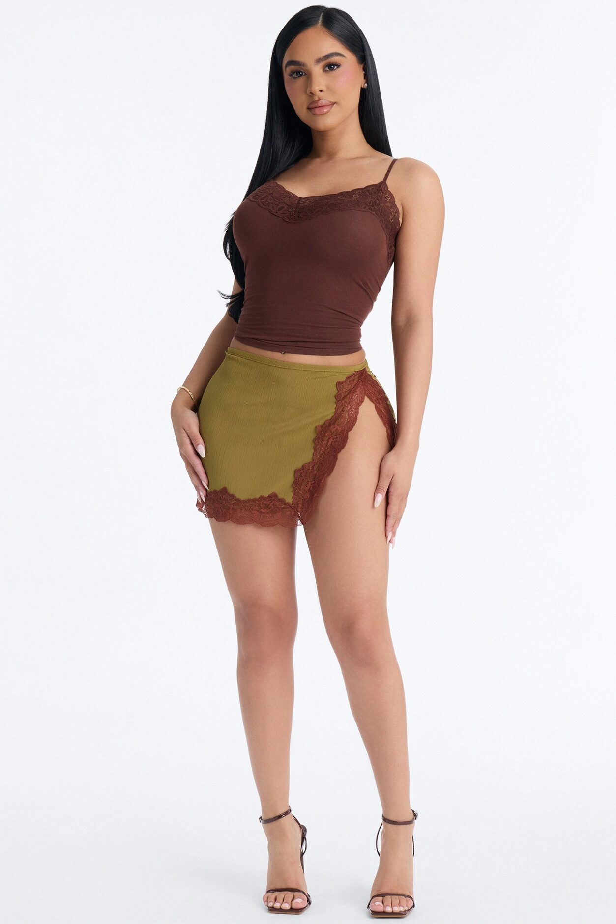 Ayla Lace Trim Basic Cami Top - Chocolate