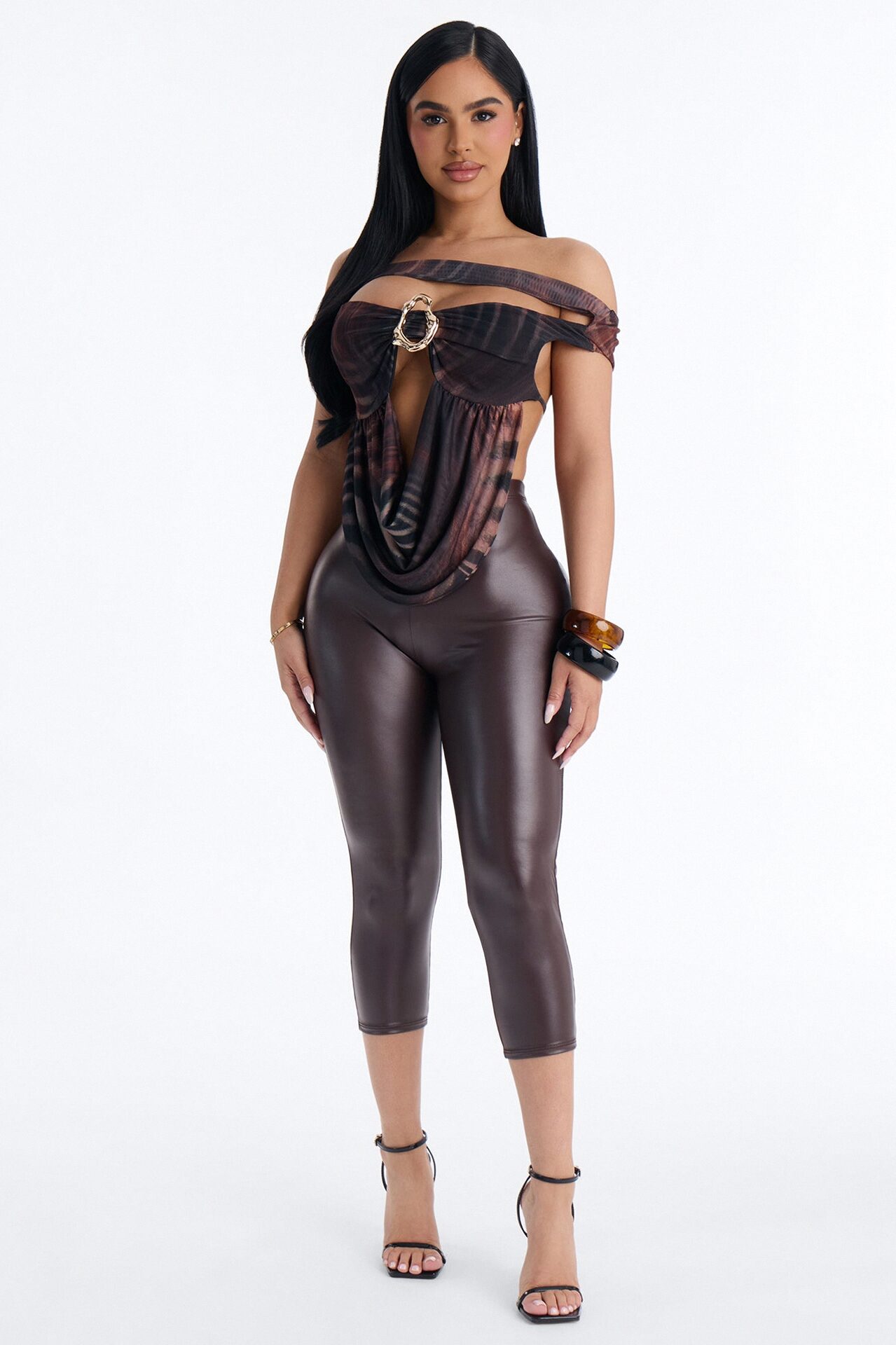 Wild Dusk Mesh Off Shoulder Cut Out Top - Brown/combo