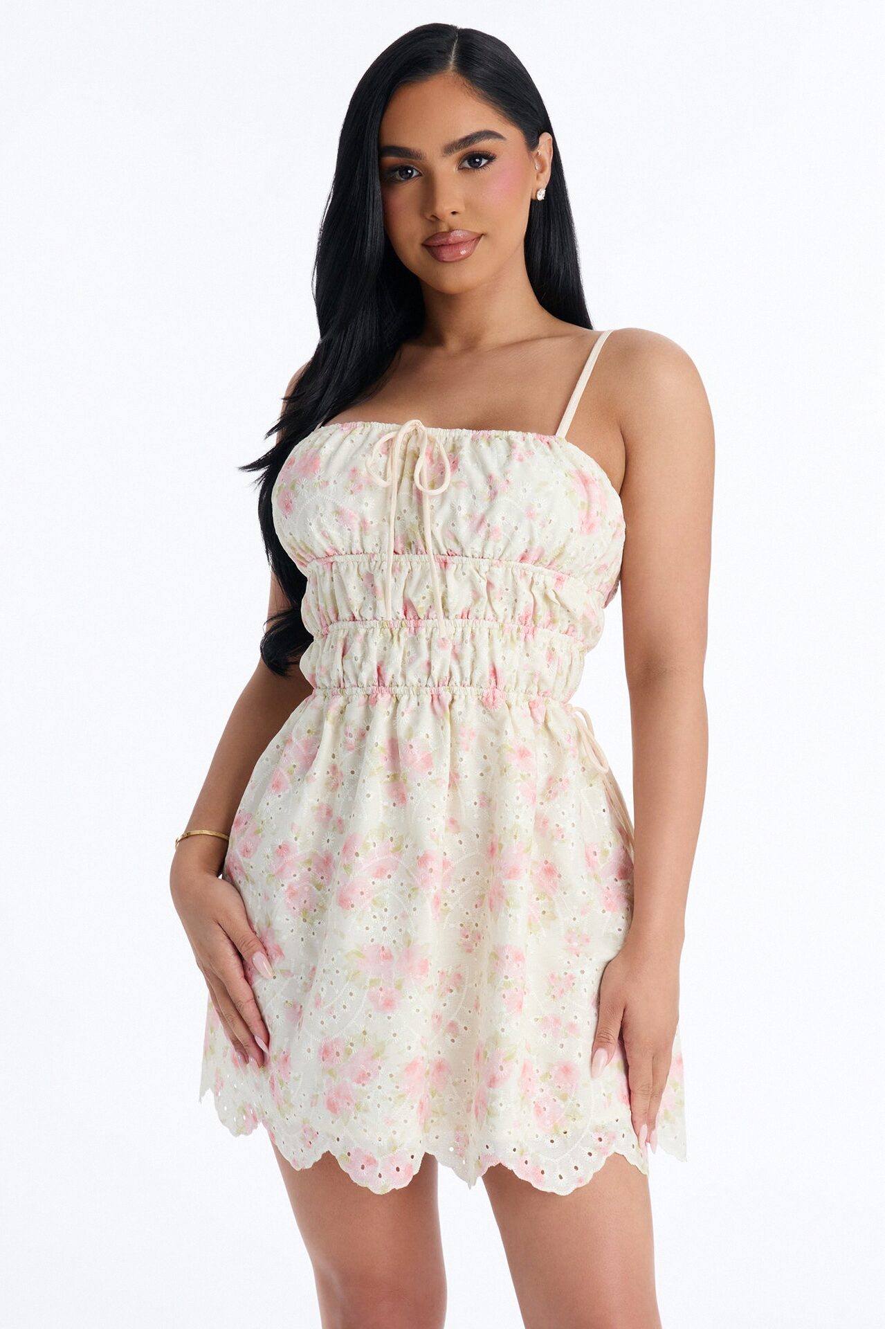 Skylar Floral Eyelet Mini Dress - Cream/combo