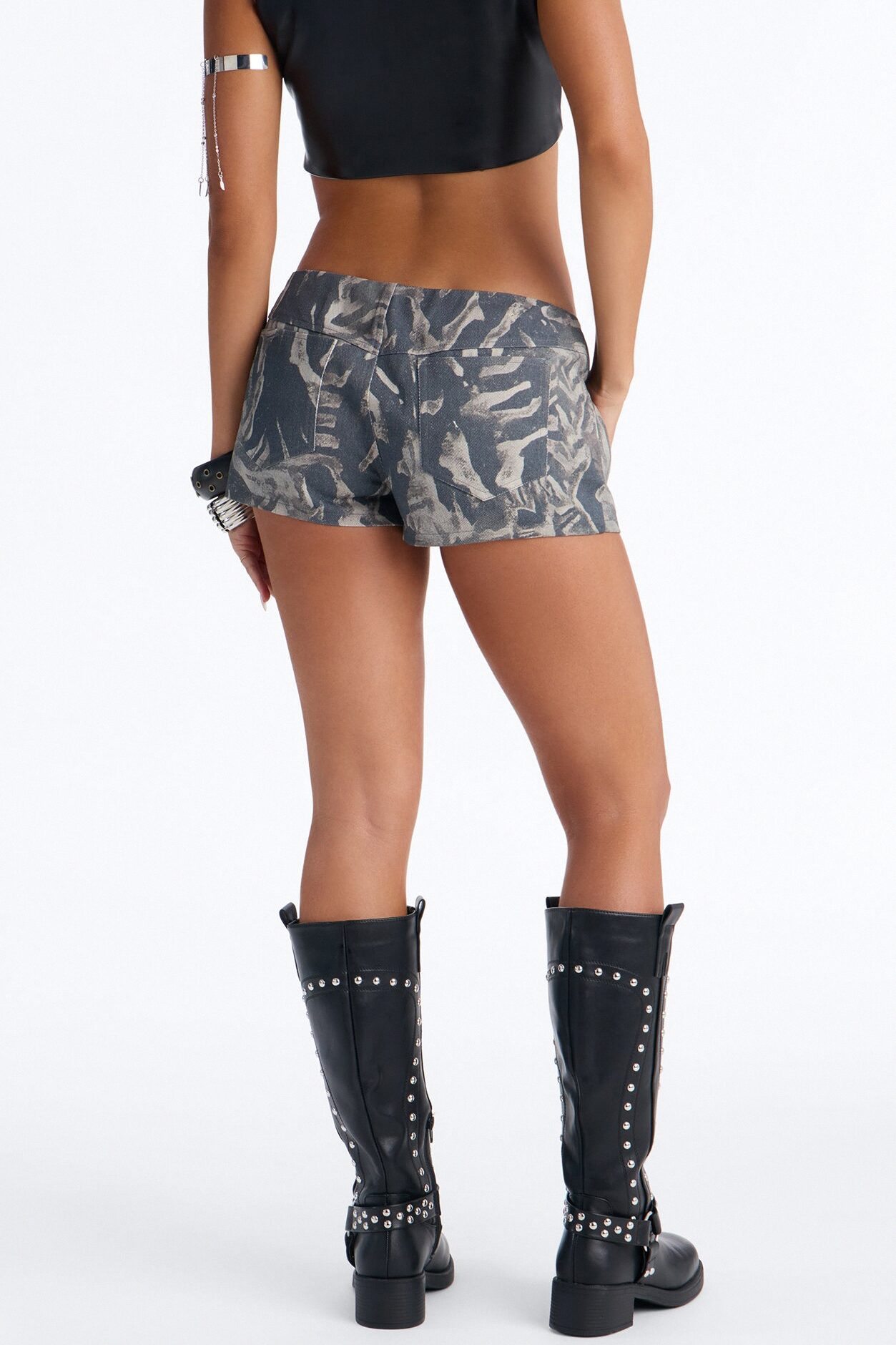 Charlie Lace Up Abstract Low Rise Micro Short - Grey/combo
