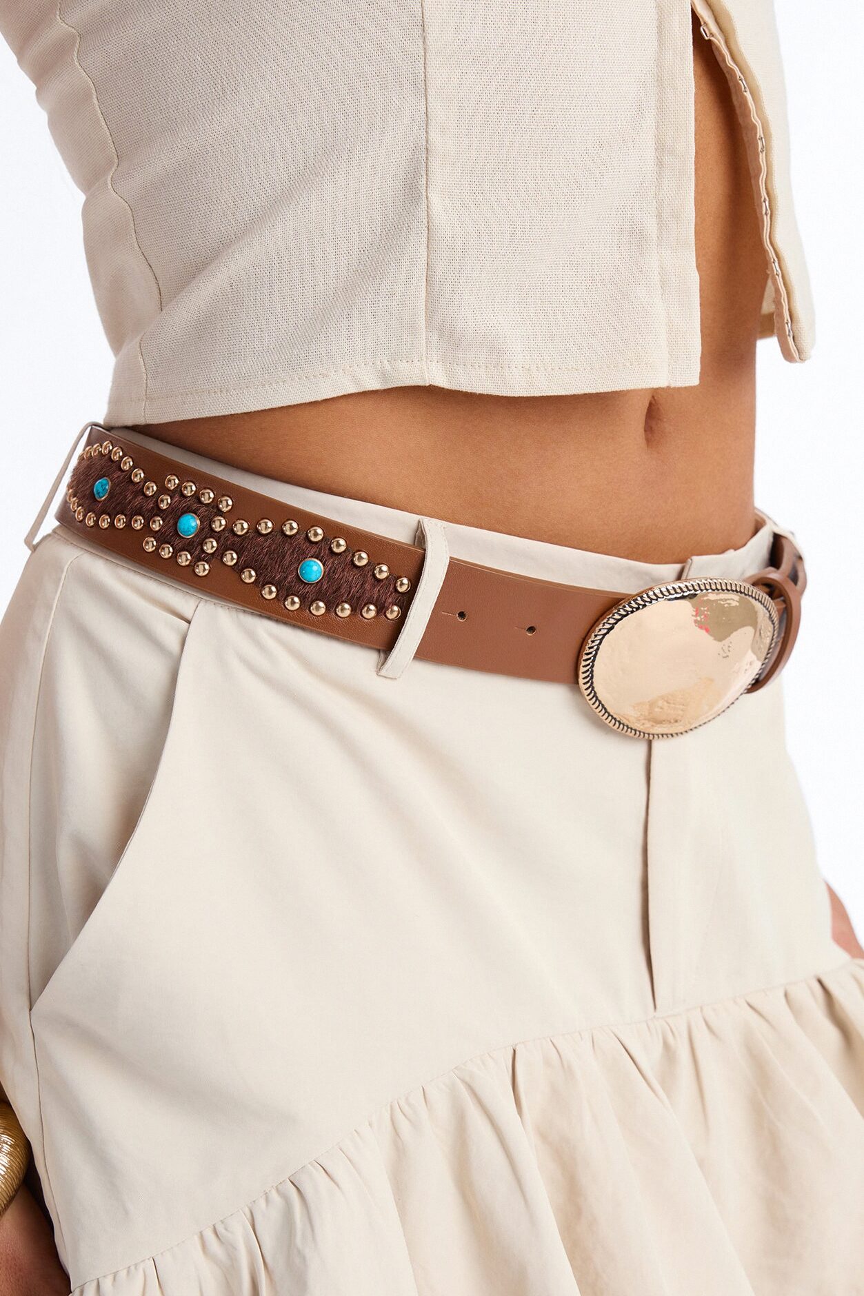 Western Hunt Stones And Studded Faux Leather Belt - Brown/combo