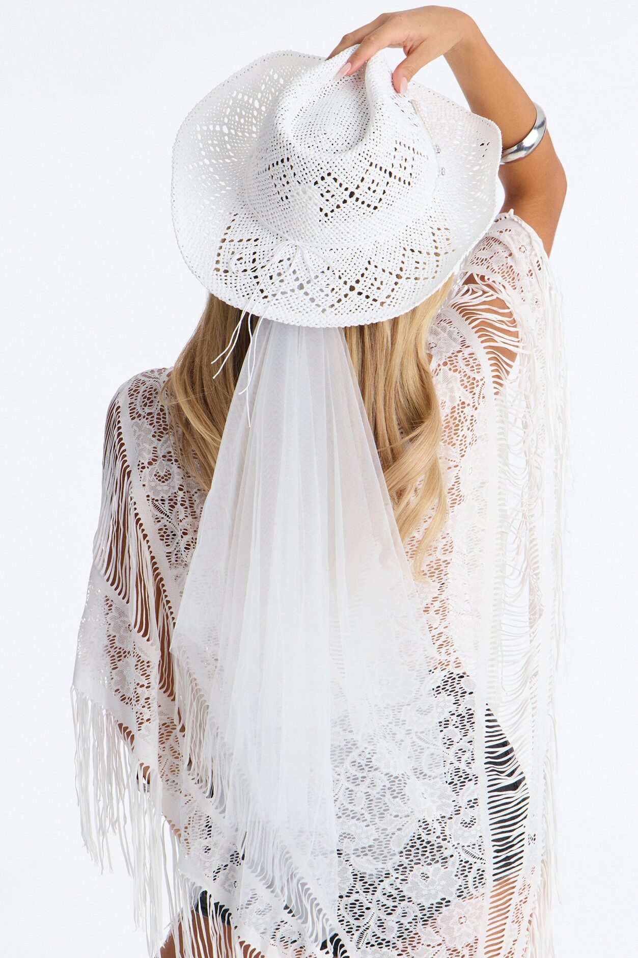 Bride In White Straw Cowboy Hat - White