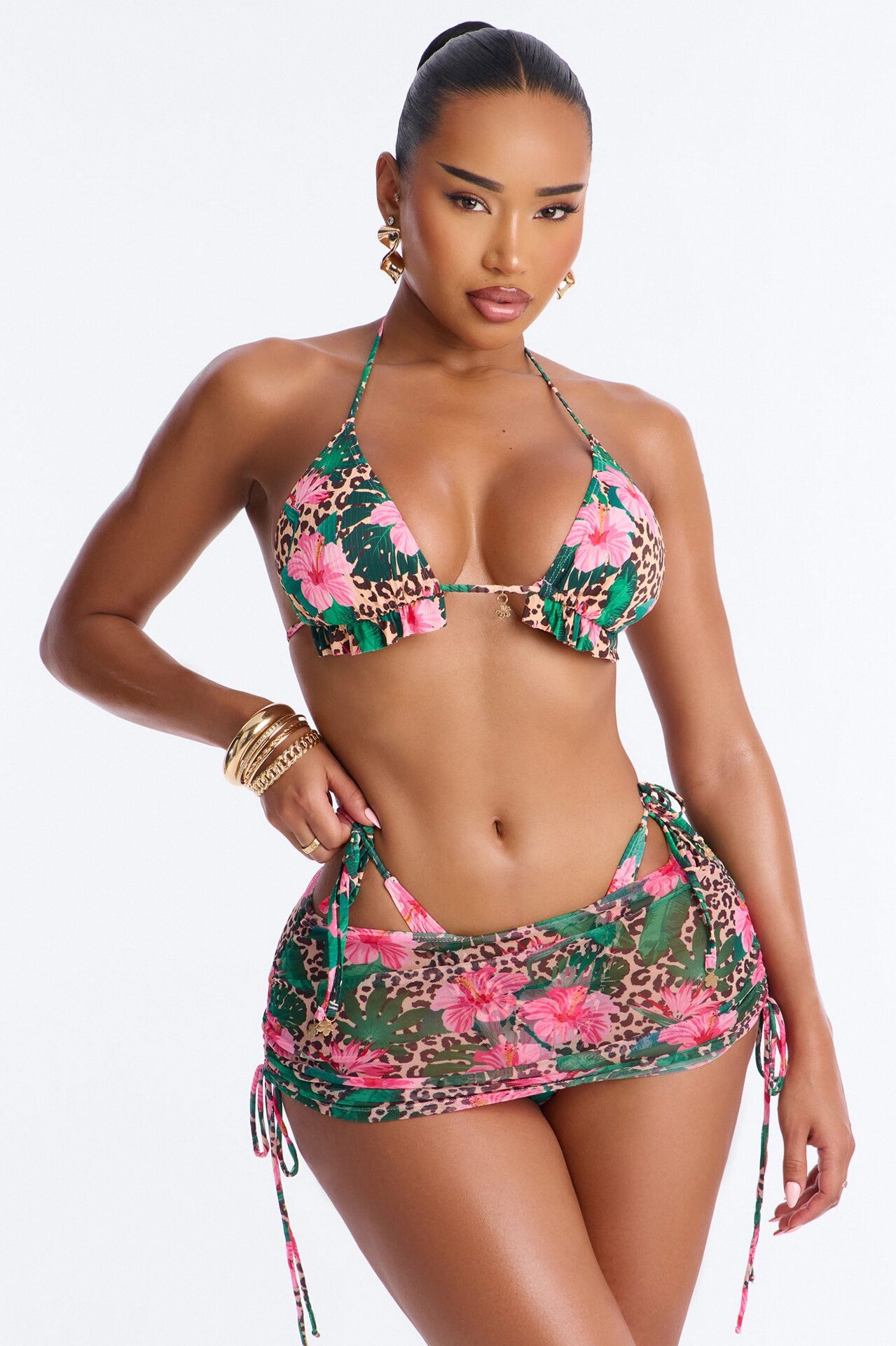 Beach Me Up 3 Piece Bikini & Mini Skirt Set - Green/combo
