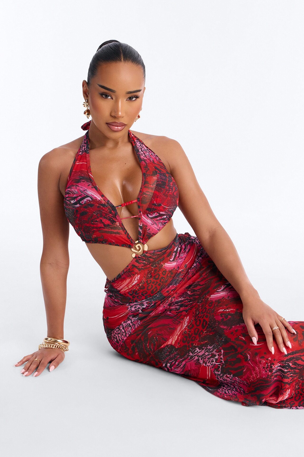 Azure Aura Mesh Beaded 3 Piece Bikini Sunsuit - Red/combo