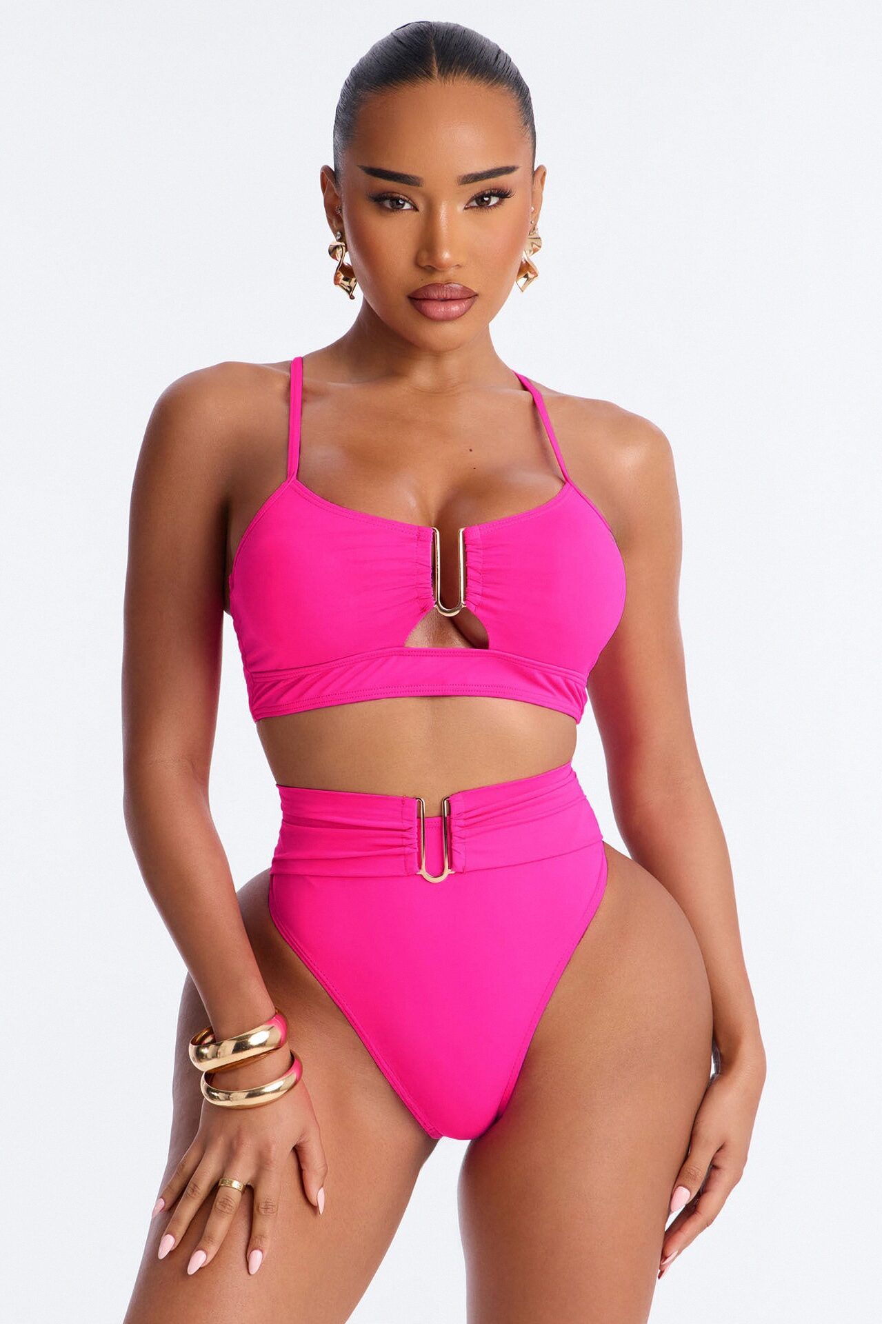Saltwater Cures Everything Hardware Ruching 2 Piece Bikini - Hot Pink