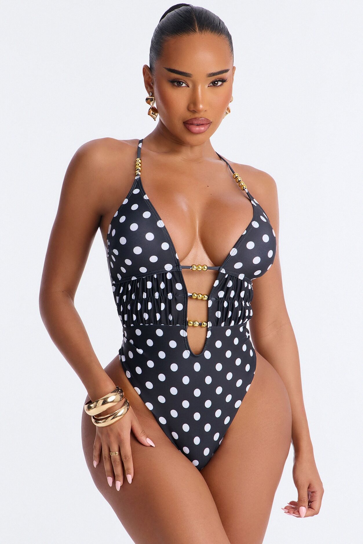 Mindy Polka Dot Beaded 1 Piece Swimsuit - Black/combo