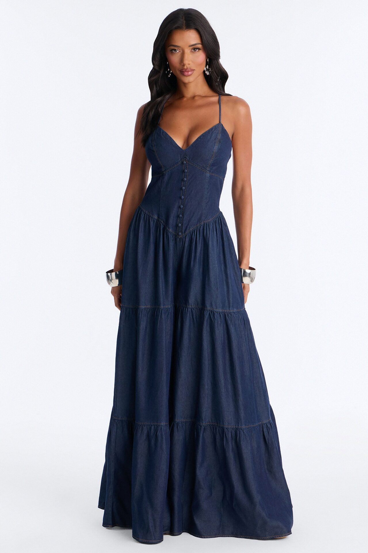 Belle Denim Tiered Wide Leg Jumpsuit - Dark Wash