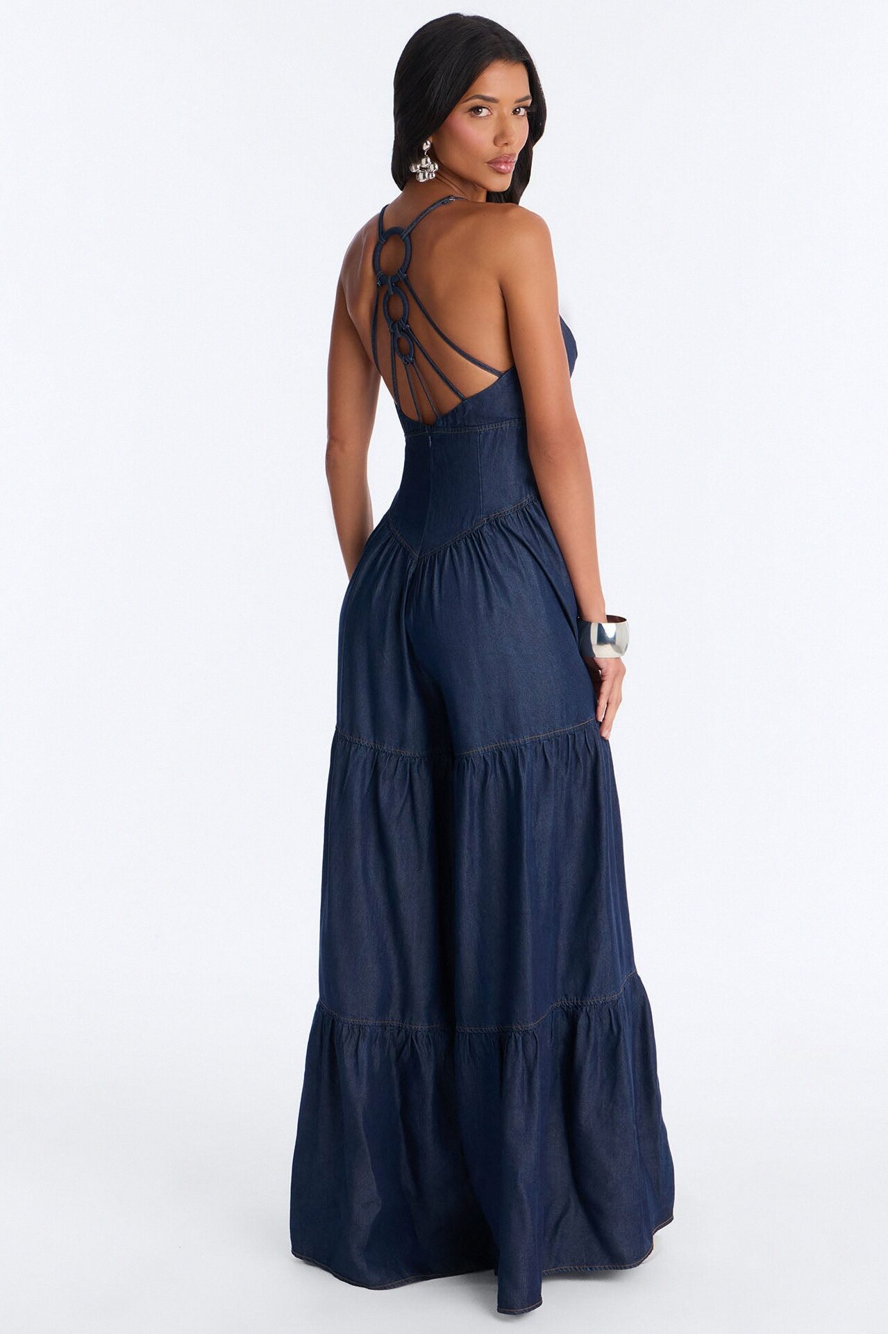 Belle Denim Tiered Wide Leg Jumpsuit - Dark Wash
