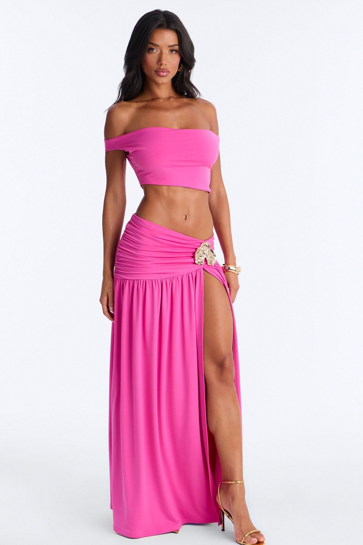 Marilyn Off Shoulder High Slit Maxi Skirt Set - Magenta