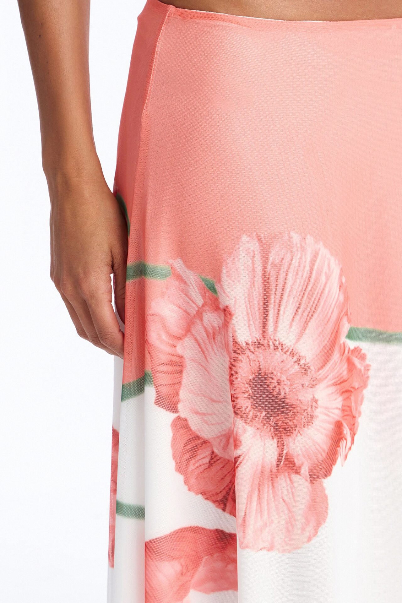 Aelia Floral Asymmetrical Mesh Midi Skirt - Orange/combo