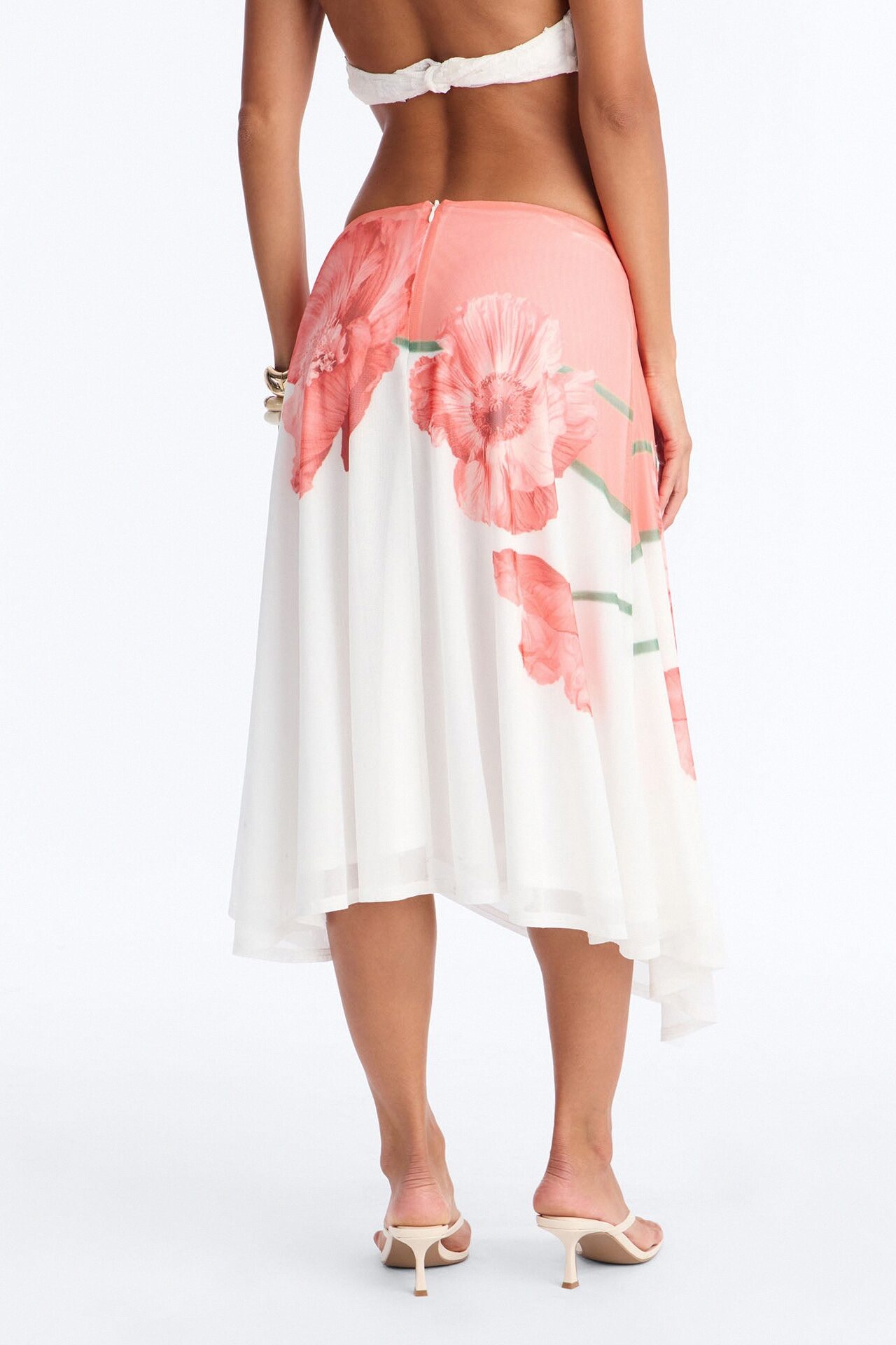 Aelia Floral Asymmetrical Mesh Midi Skirt - Orange/combo