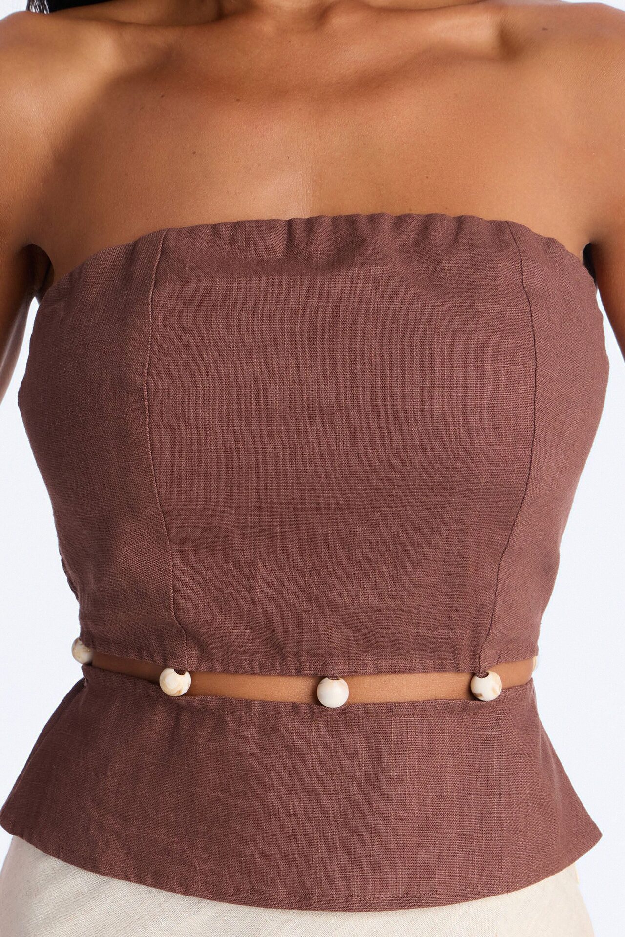 On The Guest List Beaded Linen Top - Brown