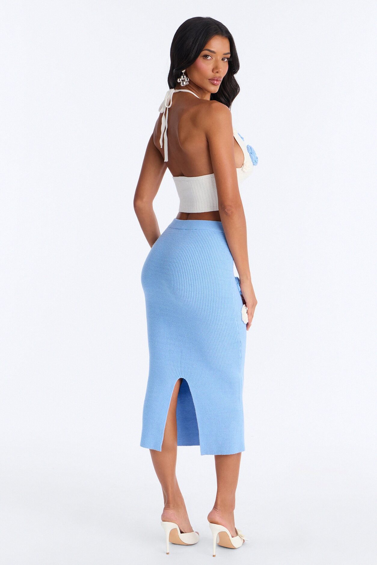 Mae Flower Sweater Midi Skirt Set - Light Blue