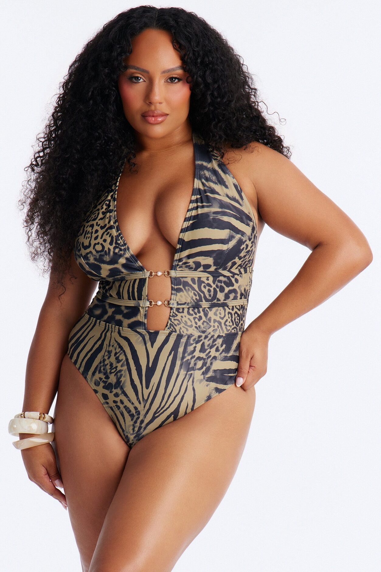 Ollie Pearl Hardware Plunging Neck 1 Piece Swimsuit - Black/combo