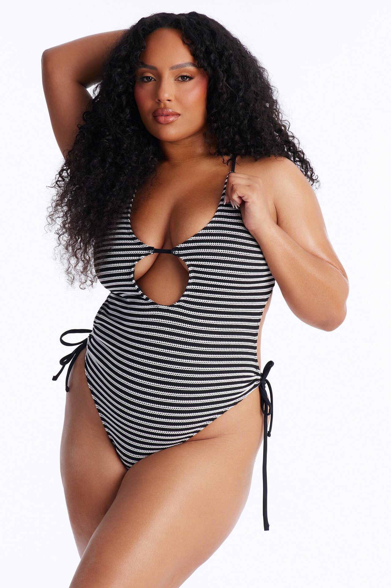 Adelina Striped 1 Piece Cut Out Swimsuit - Black/White