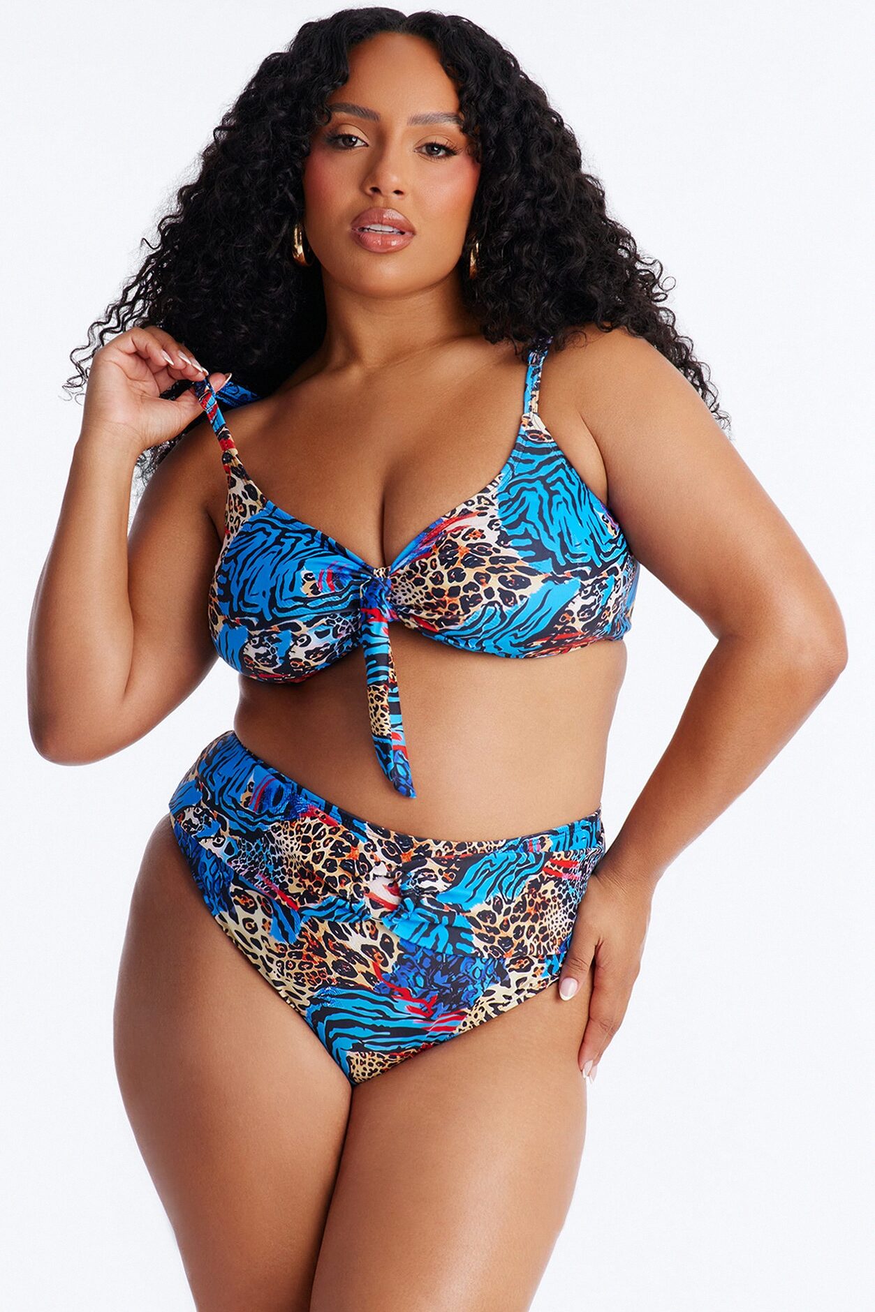 Unstoppable Wild Paradise Animal Front Tie Ruching High Waist Midi 3 Piece Bikini Komono Set - Blue/combo
