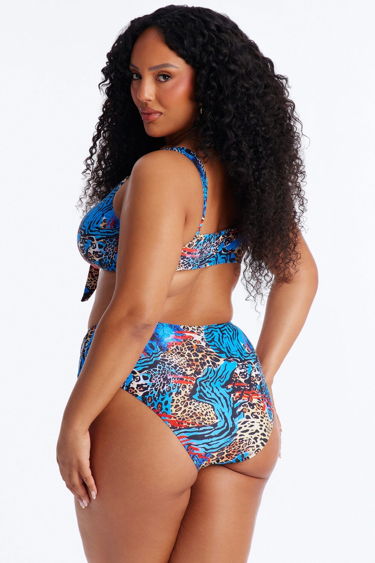 Unstoppable Wild Paradise Animal Front Tie Ruching High Waist Midi 3 Piece Bikini Komono Set - Blue/combo