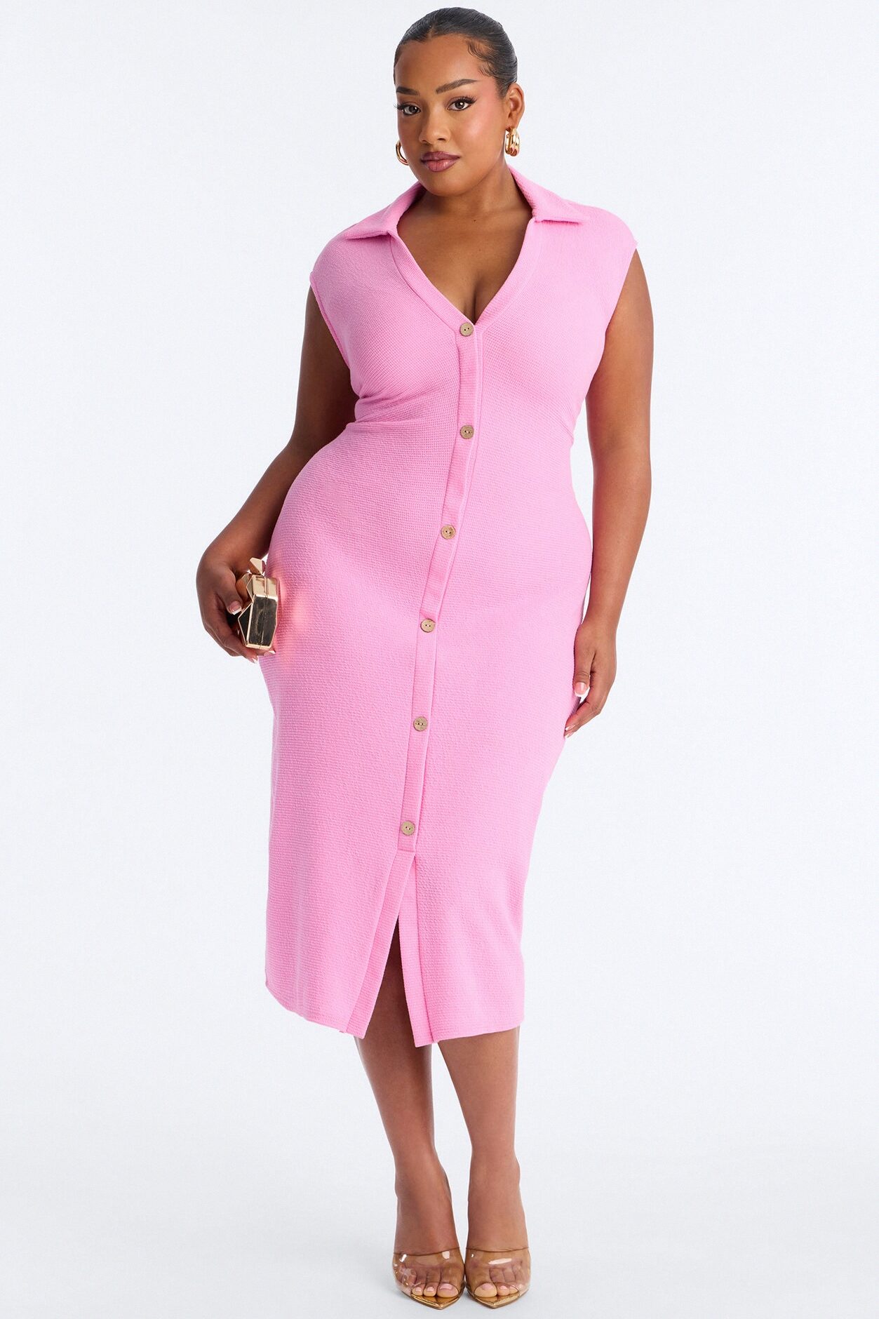 Edith Button Up Sweater Midi Dress - Pink