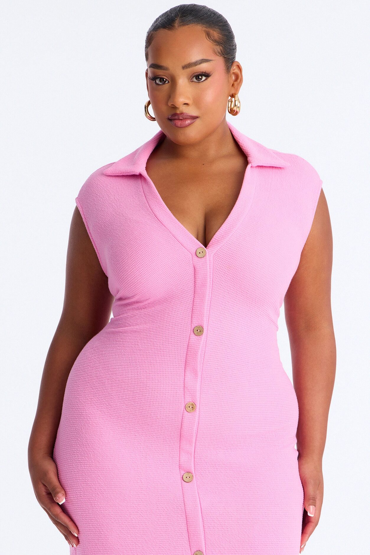 Edith Button Up Sweater Midi Dress - Pink