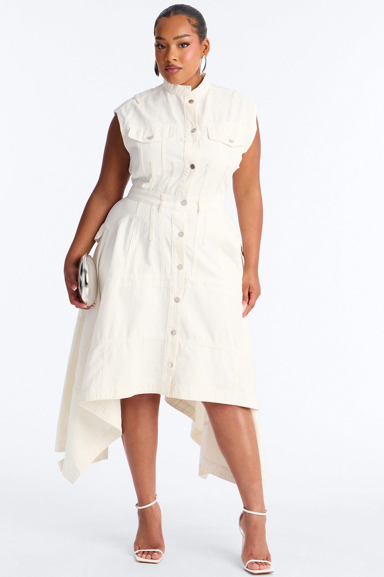 Dolly Button Up Denim Midi Dress - White
