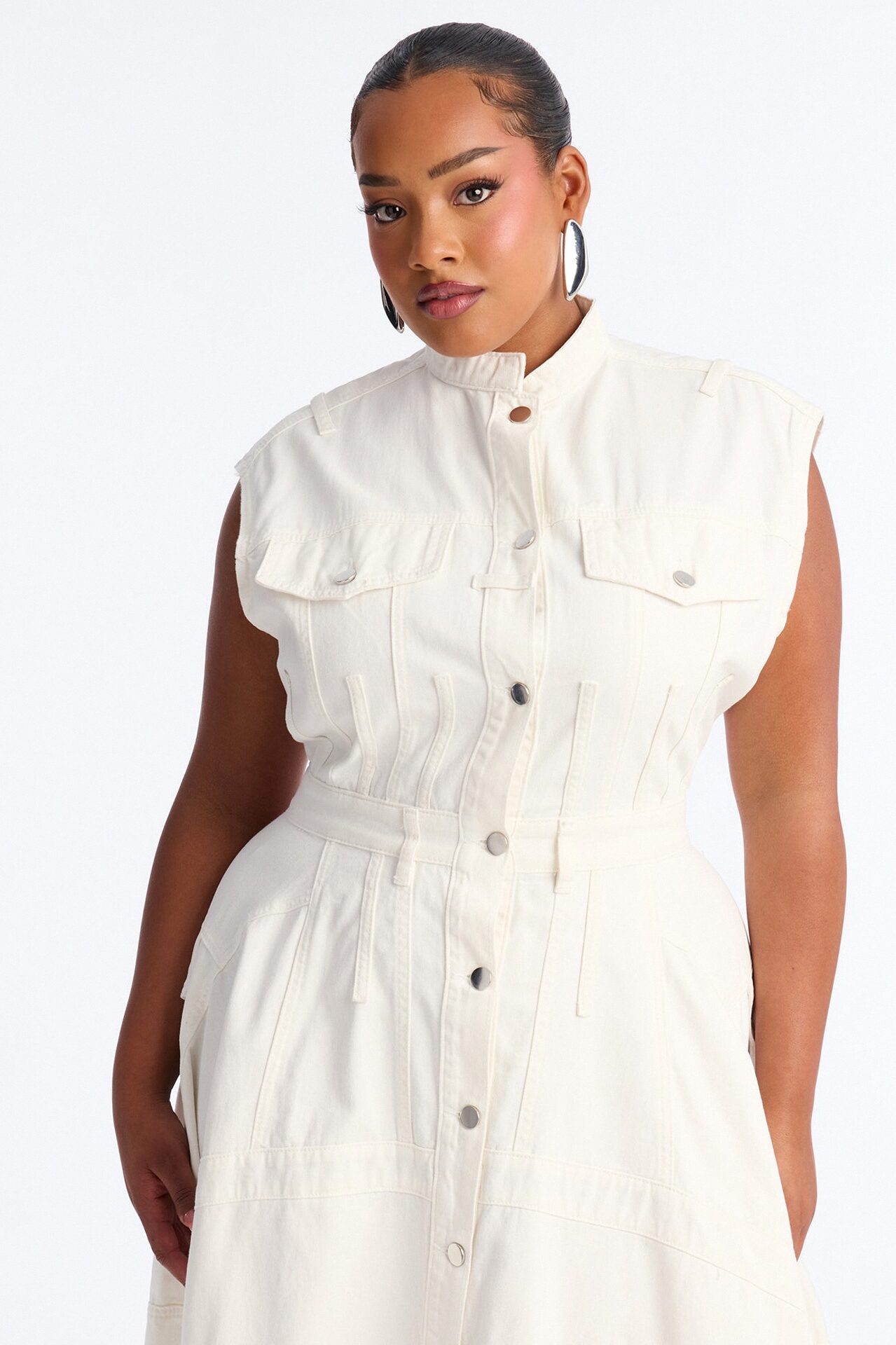 Dolly Button Up Denim Midi Dress - White