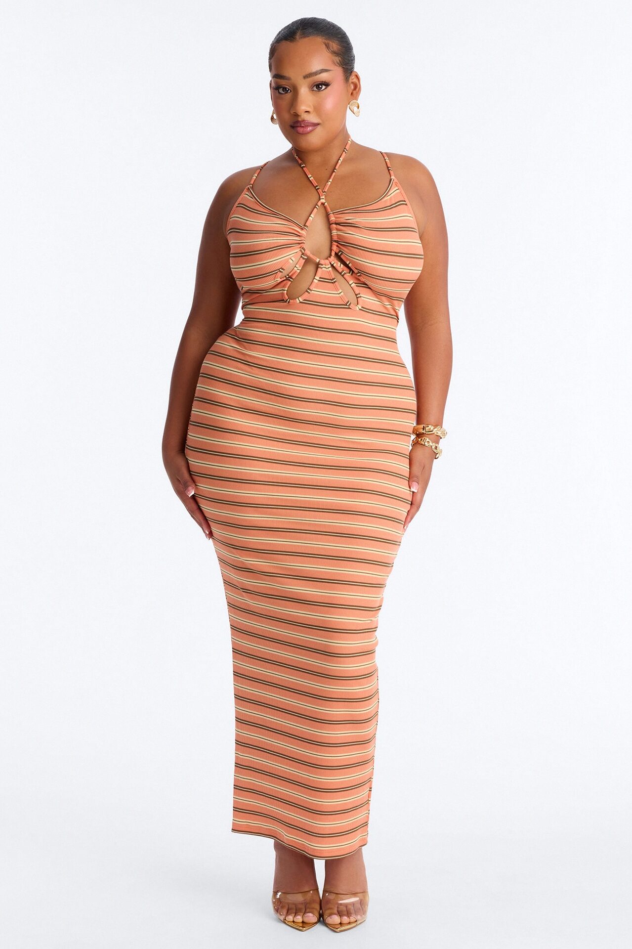 Turning Heads Cut Out Ribbed Maxi Dress - Orange/combo