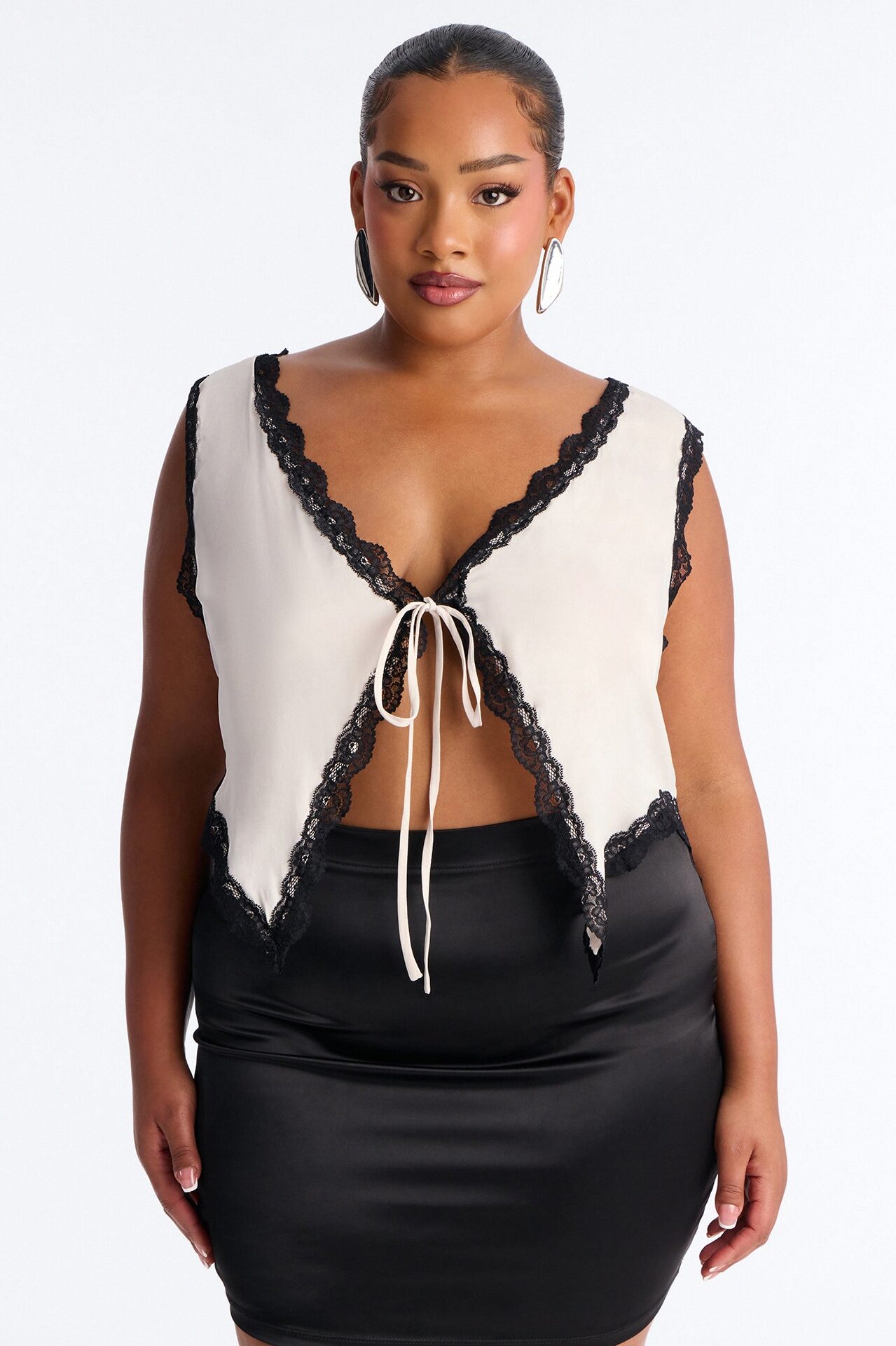 Just Getting Started Tie Front Lace Trim Top - Cream/combo