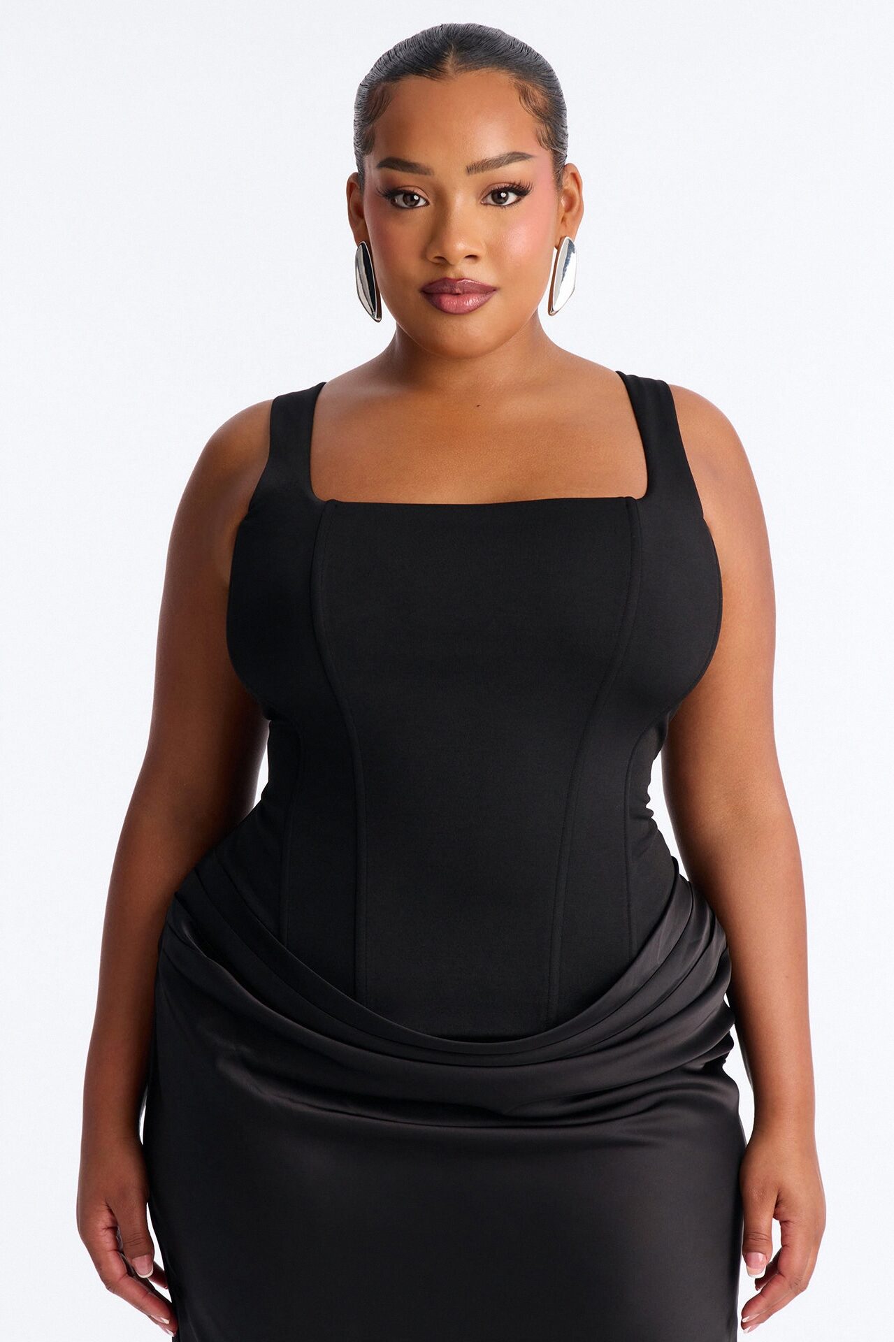 Haley Corset Draped Satin Midi Dress - Black