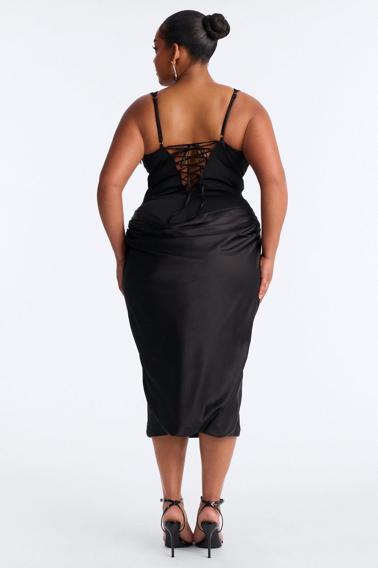 Haley Corset Draped Satin Midi Dress - Black